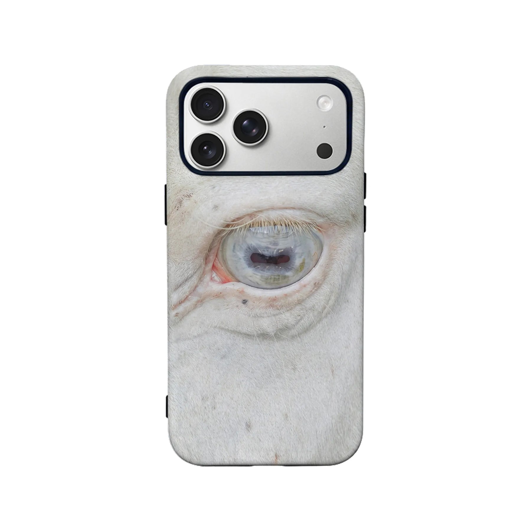 White animal eye print phone case, rear view with triple camera cutout