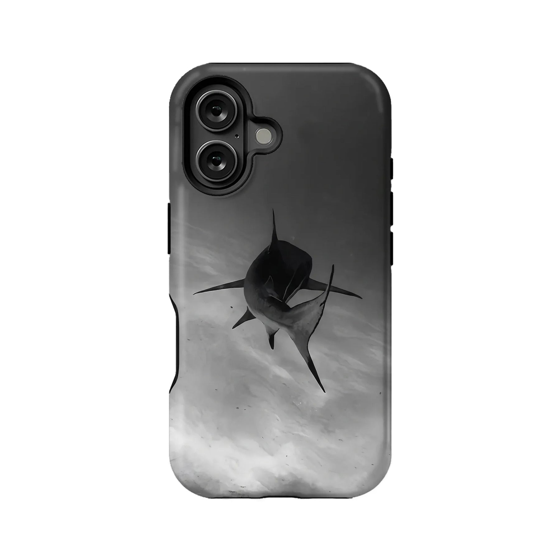Black and gray shark print phone case, rear view with dual camera cutout