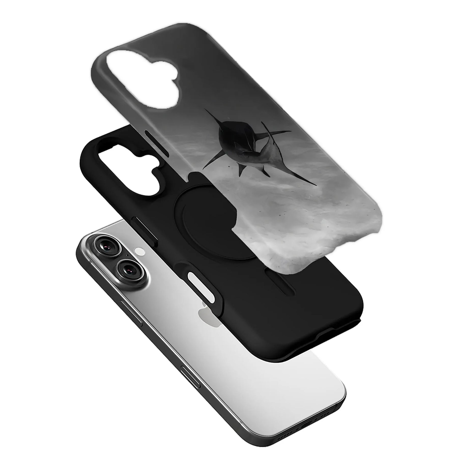 Black and gray shark-print phone case shown angled above a smartphone