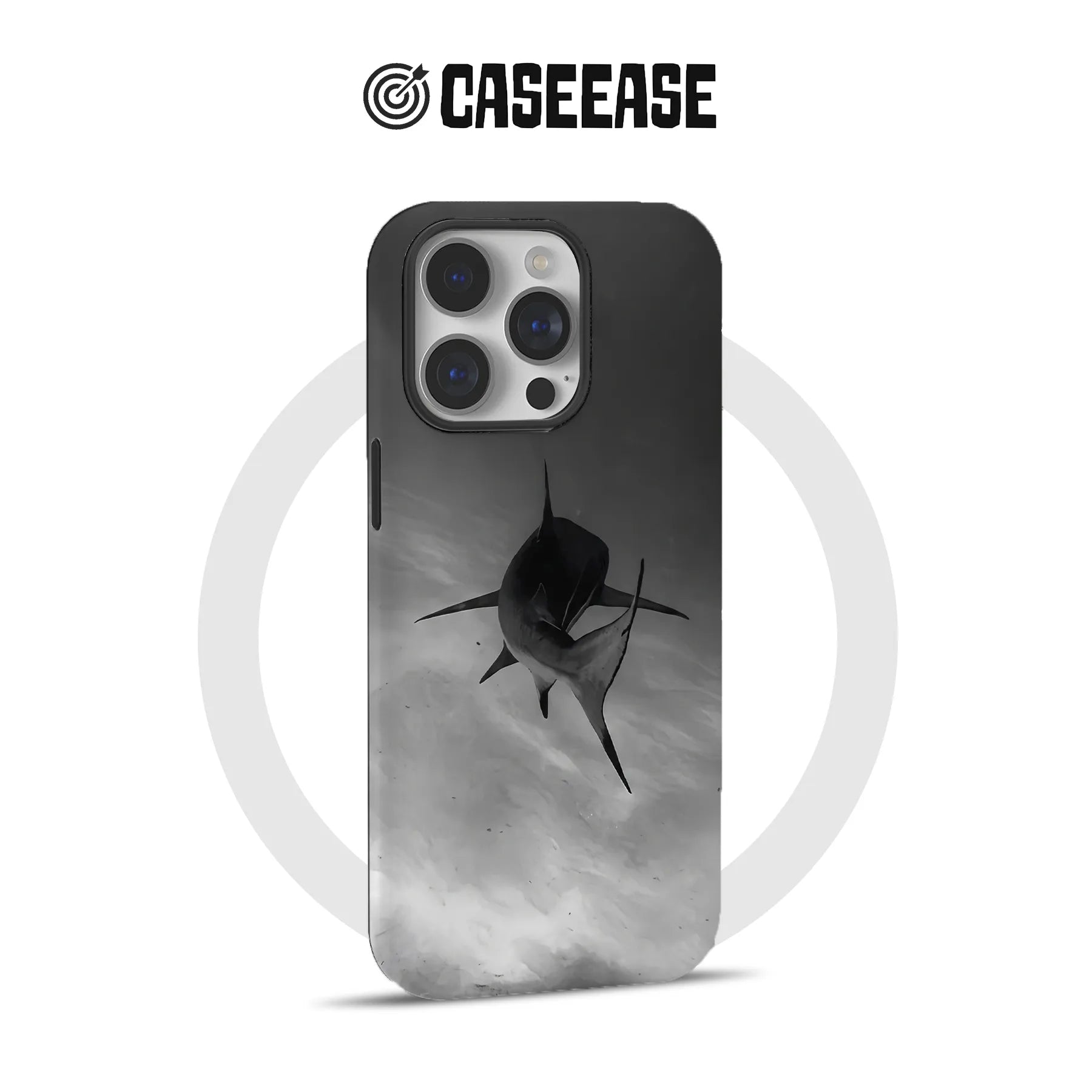 Black and gray shark design phone case, rear view for CASEEASE product page