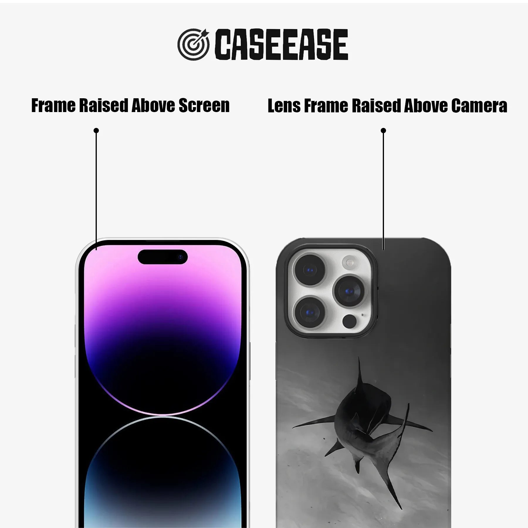 Black CASEEASE shark phone case front and back showing raised screen and camera frames