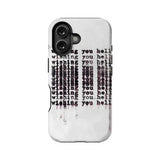 White phone case with black grunge text, rear view for dual camera smartphone
