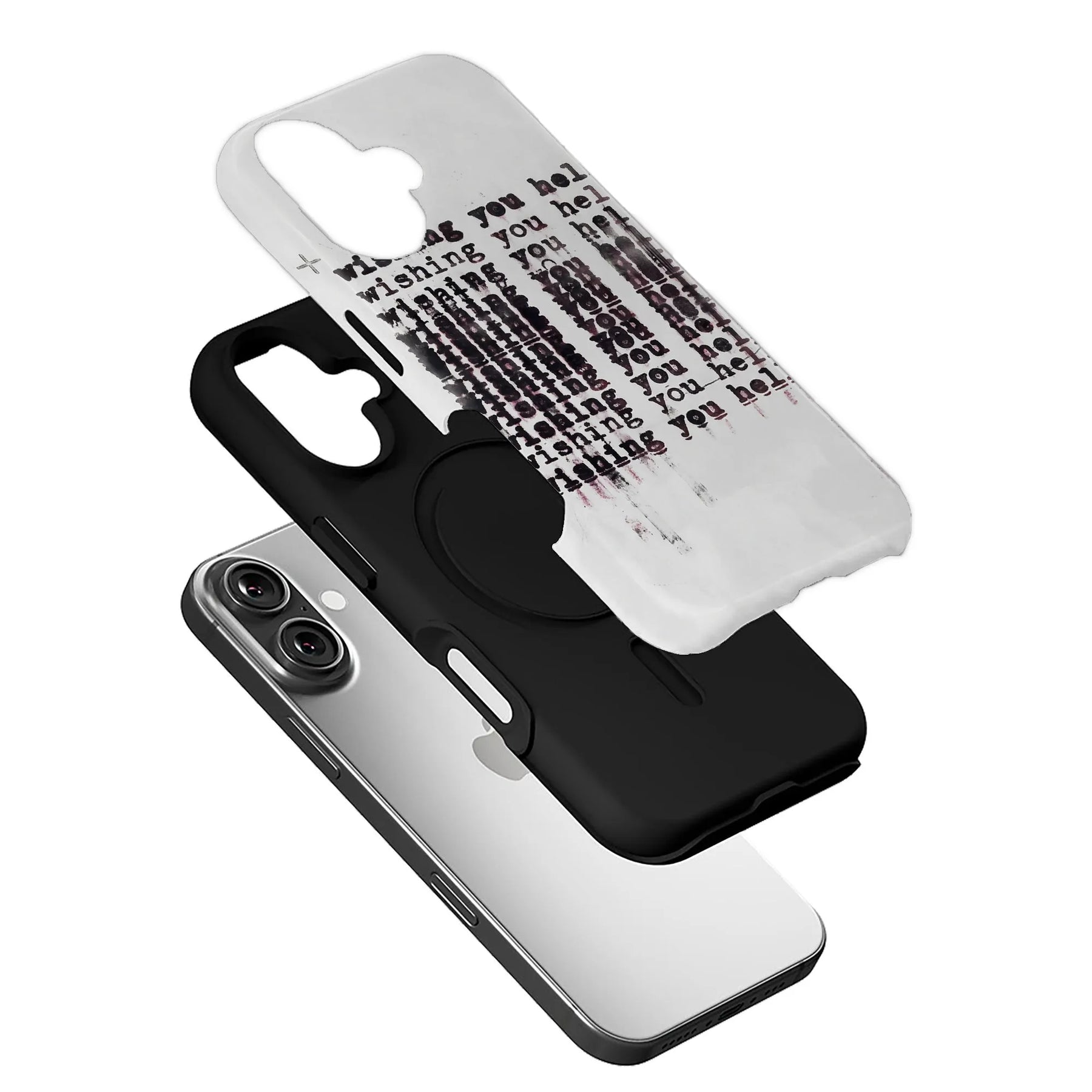 Angled silver phone with black case and translucent white printed text cover