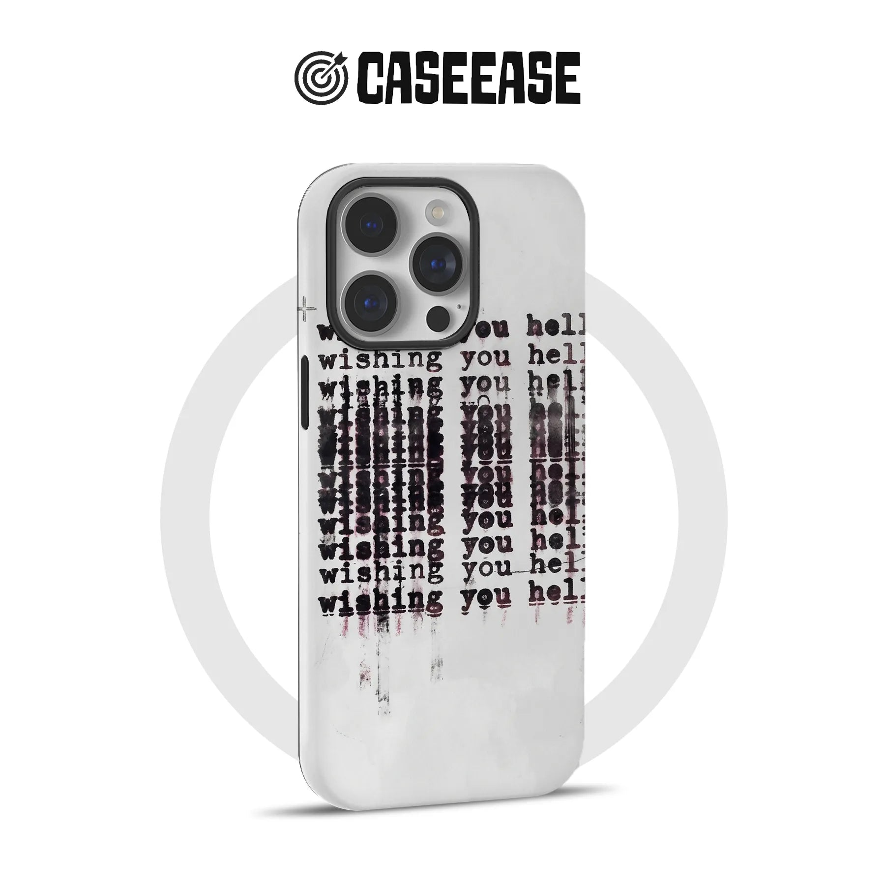 White CASEEASE phone case with distressed black text, rear angled product display