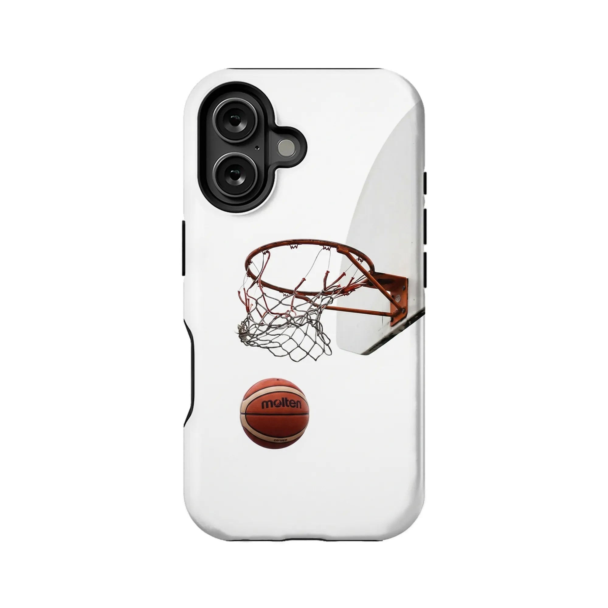 Clear white phone case with basketball hoop and ball design, rear product angle