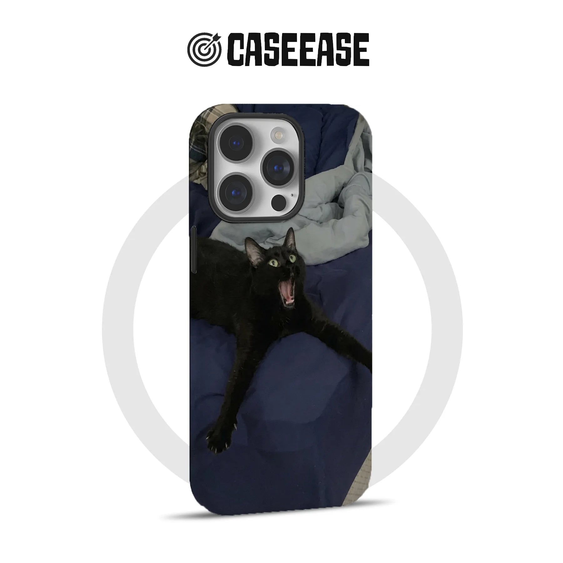 Black cat print phone case with navy bedding design, rear angled product display