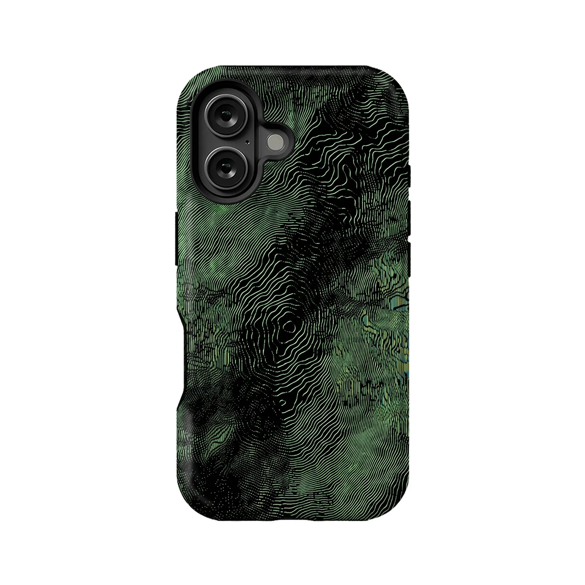 Black phone case with green contour line pattern, rear angle with dual camera cutout