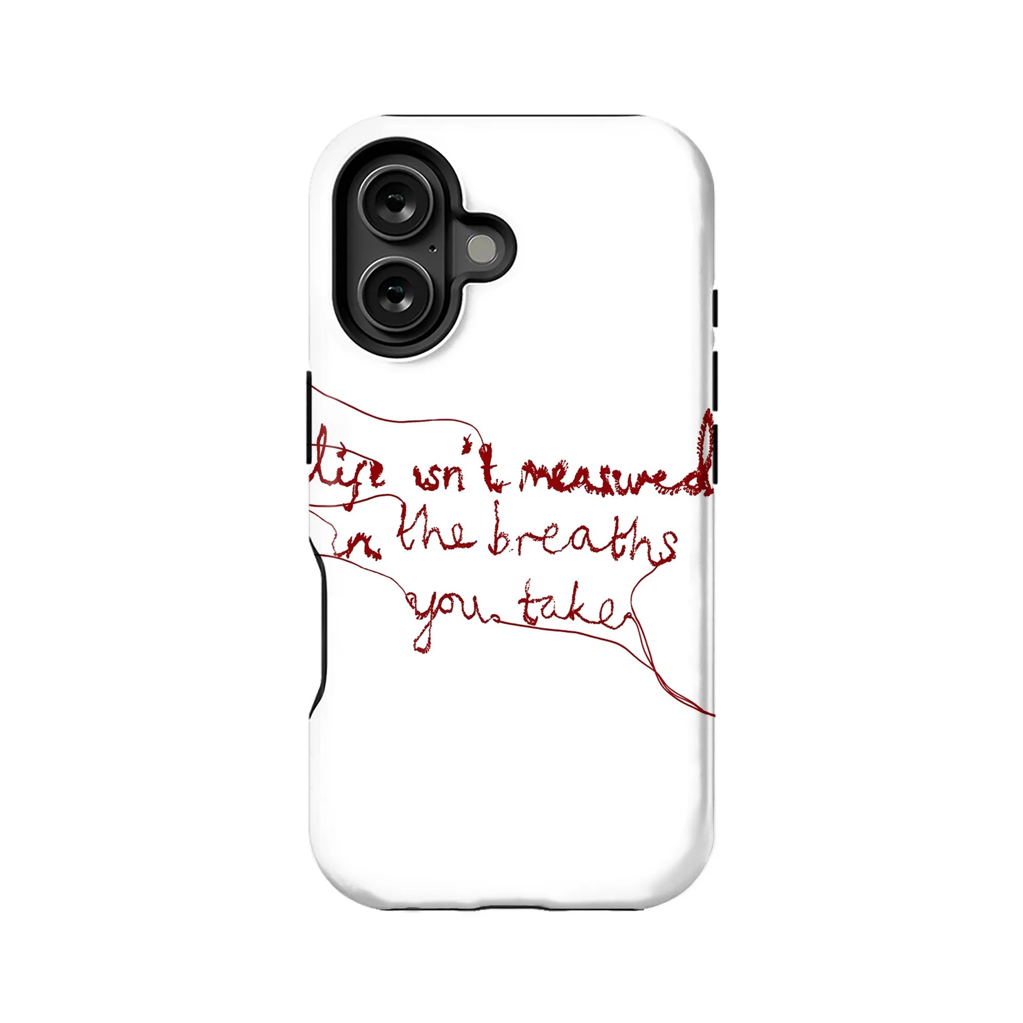 White smartphone case with red handwritten design, rear view showing black camera cutout