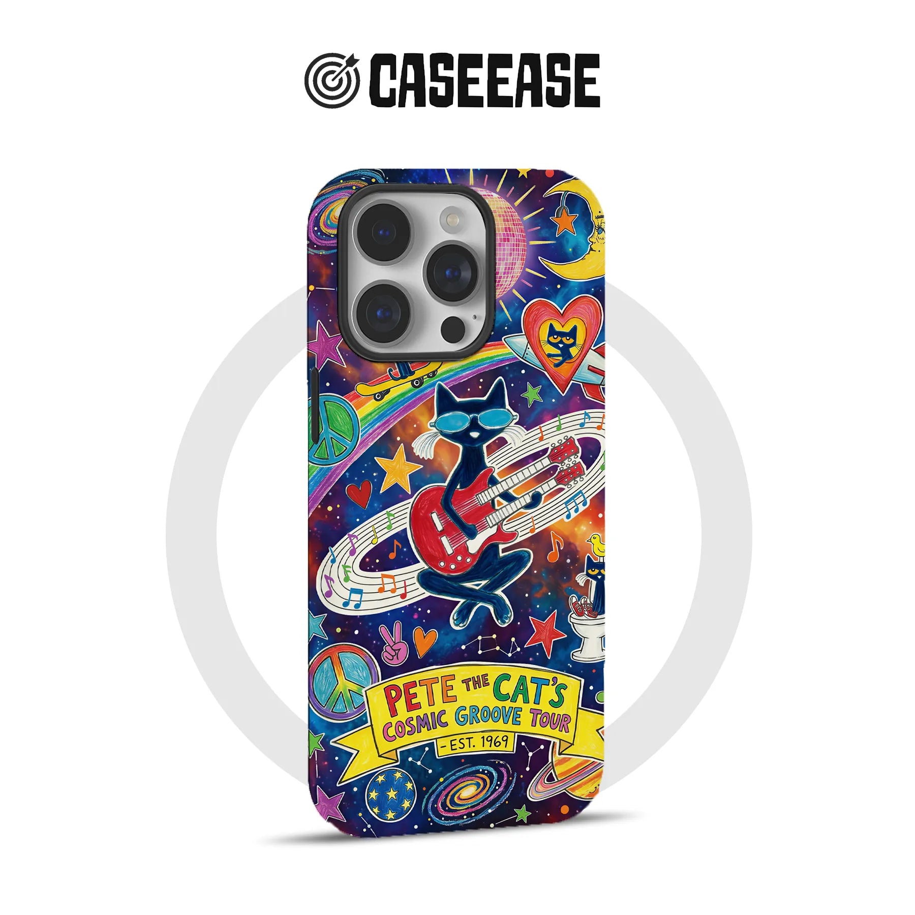 Colorful Pete the Cat cosmic groove phone case shown from rear product angle