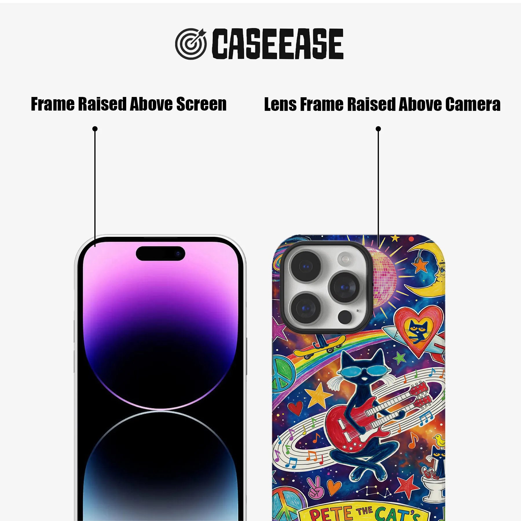 Colorful Pete the Cat phone case front and back showing raised black screen and camera frames