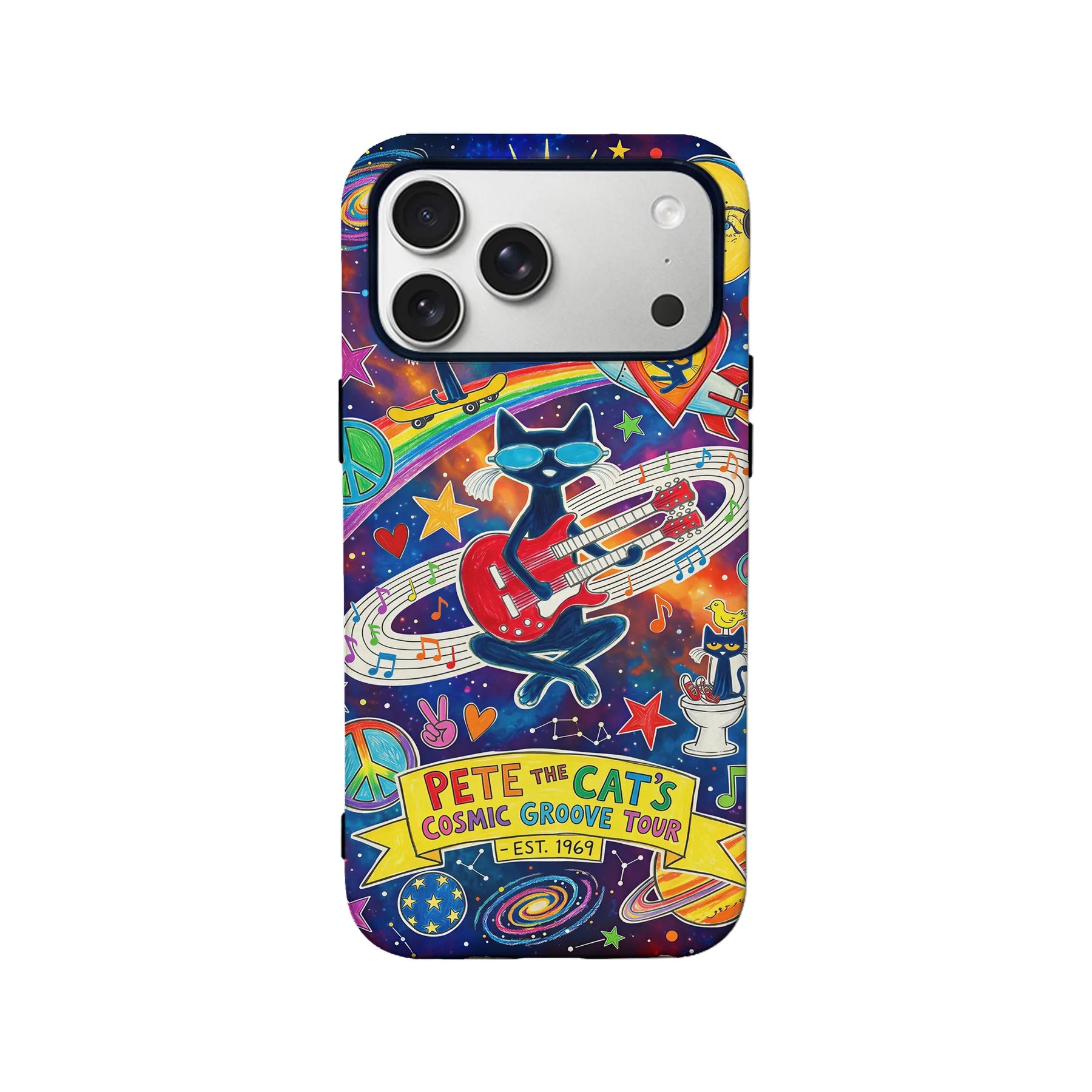 Colorful illustrated Pete the Cat cosmic groove phone case, back angle with camera cutout