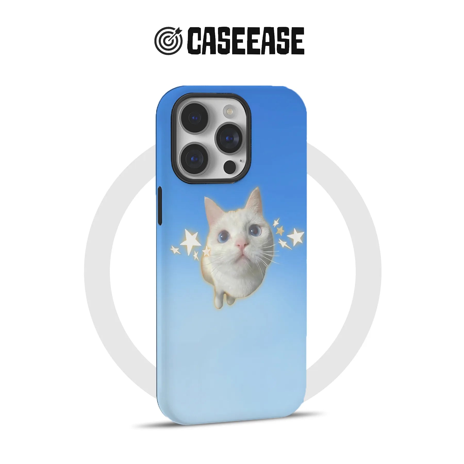 Blue gradient CASEEASE iPhone case with white cat and stars, rear angled display