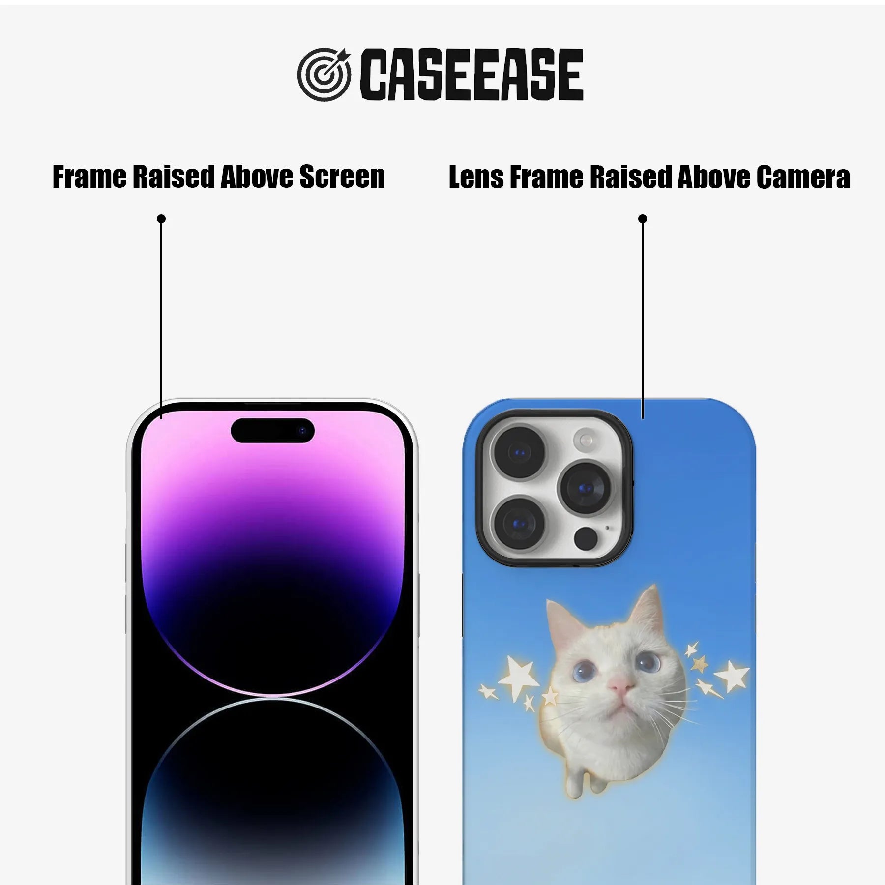 Blue cat phone case shown front and back with raised screen and camera frames