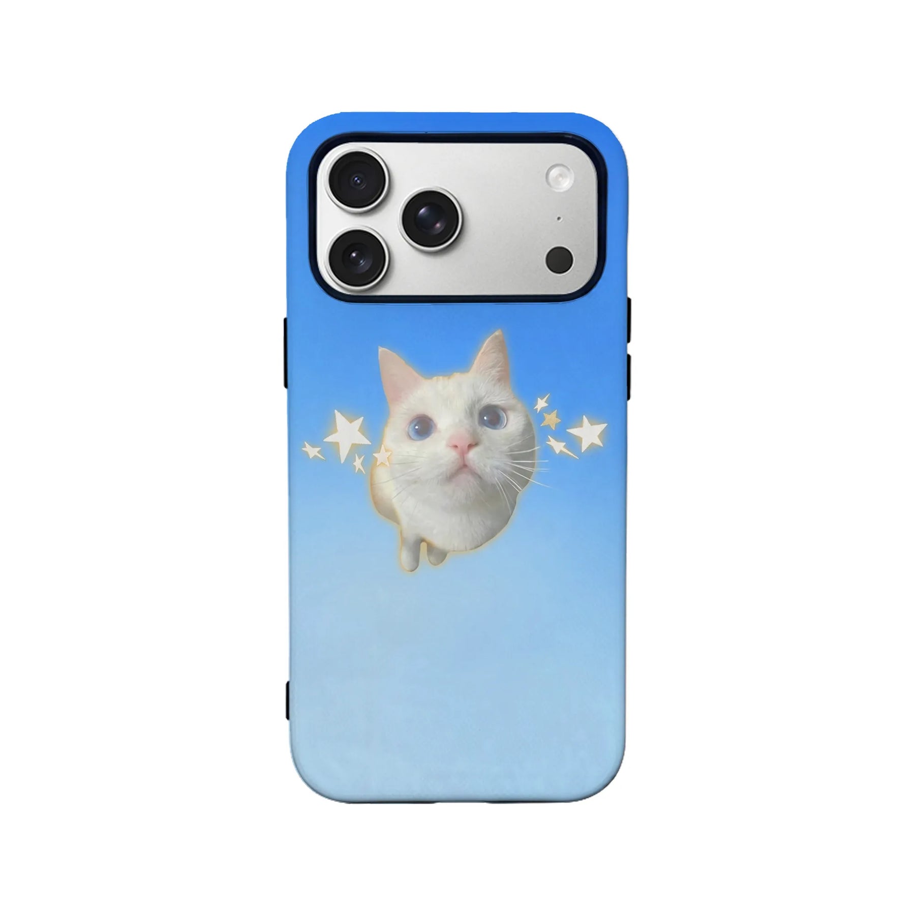 Blue phone case with cute white cat and star design, rear product view