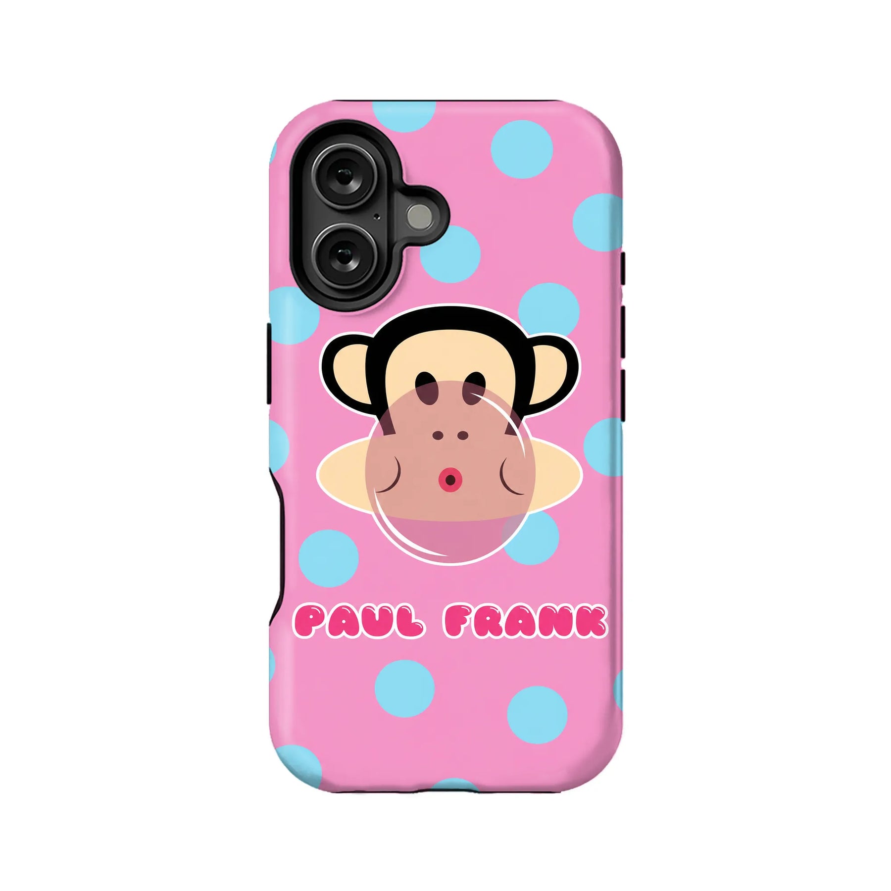 Pink and blue polka dot Paul Frank monkey phone case, rear product view