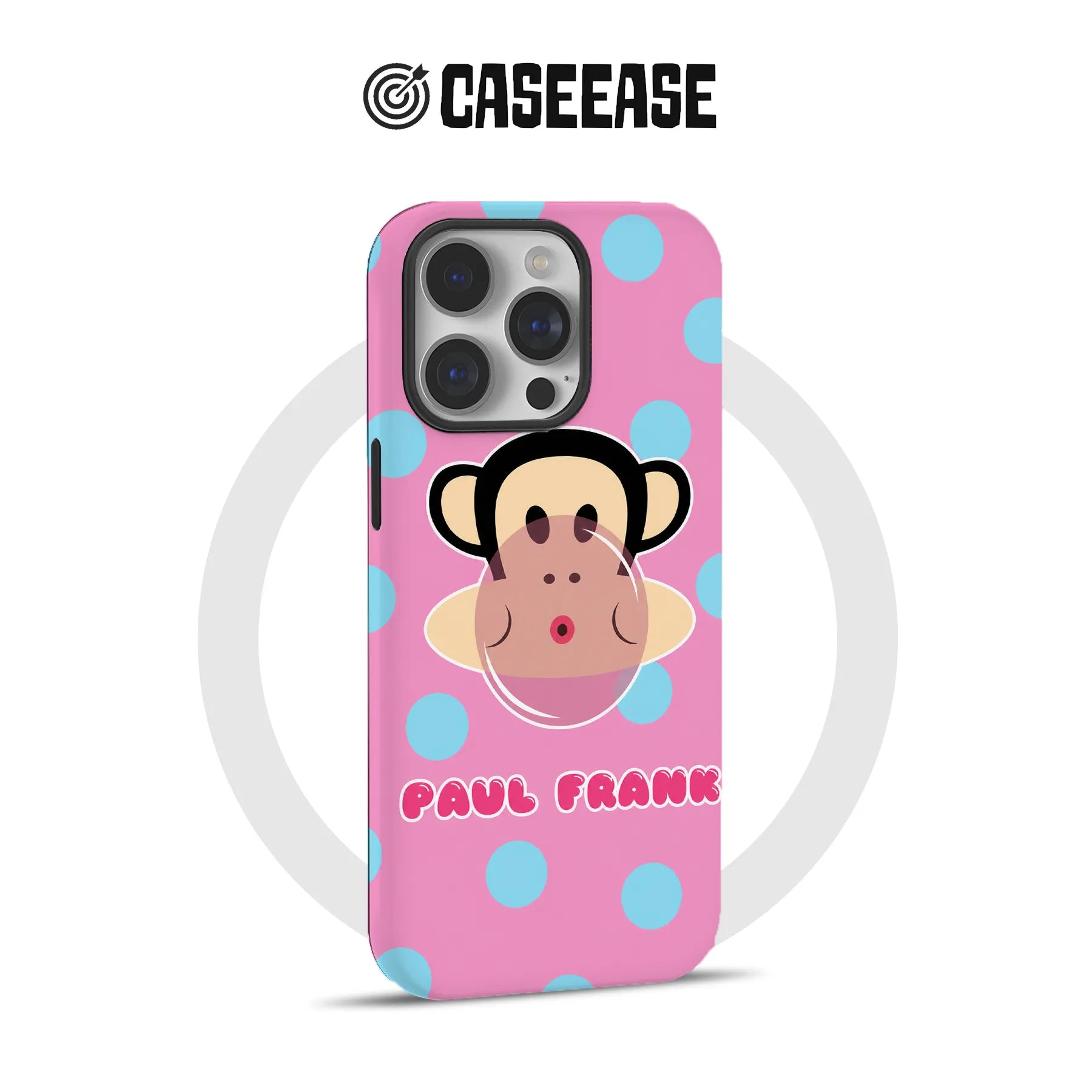 Pink and blue polka dot Paul Frank monkey phone case, angled rear product display