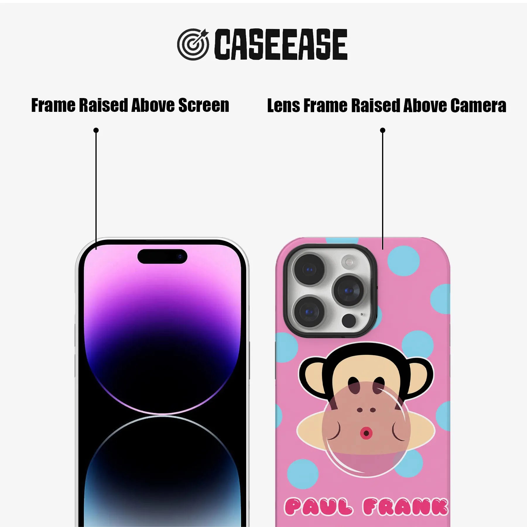 Pink monkey phone case front and back showing raised screen and camera frames