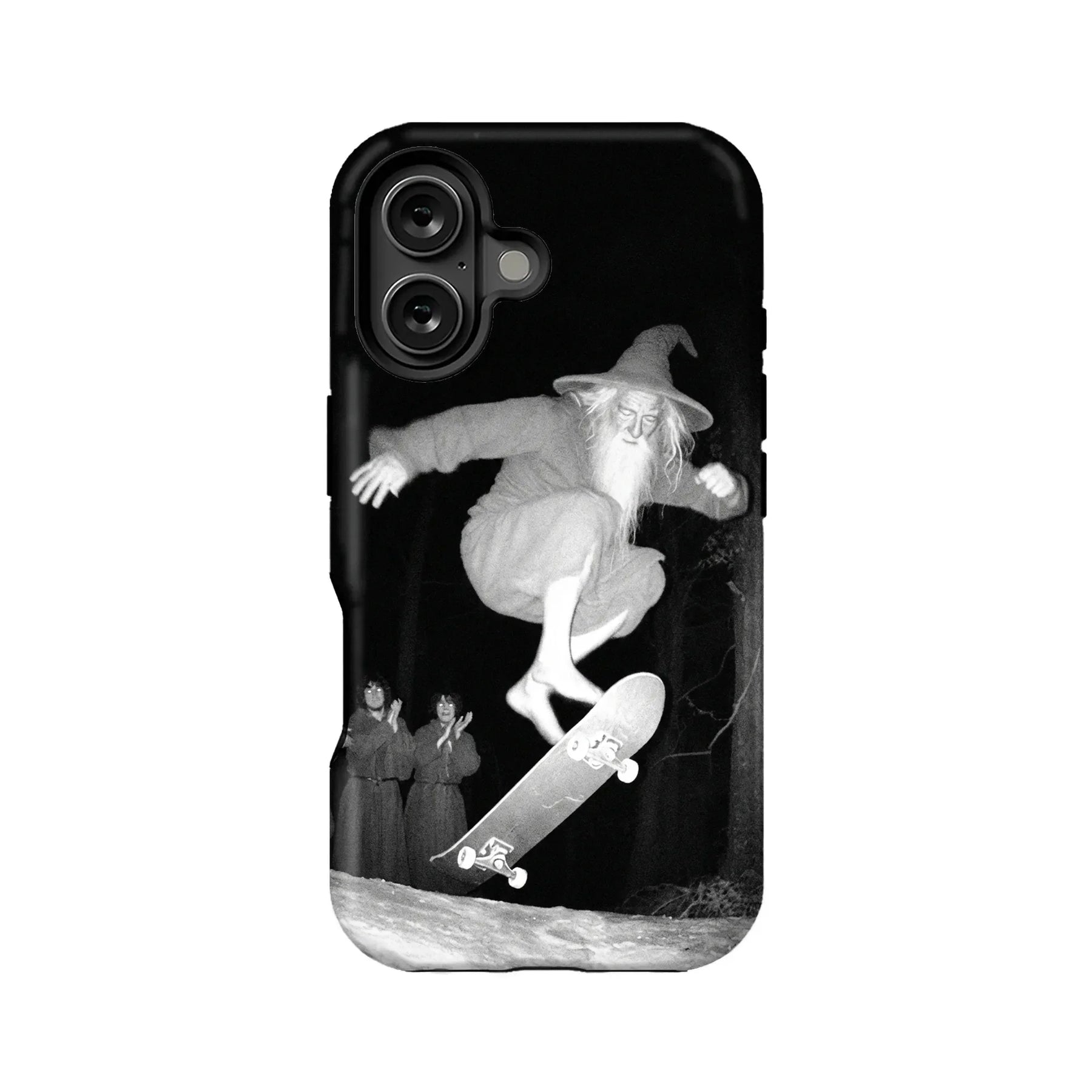 Black phone case back view with grayscale wizard skateboarding artwork and camera cutout