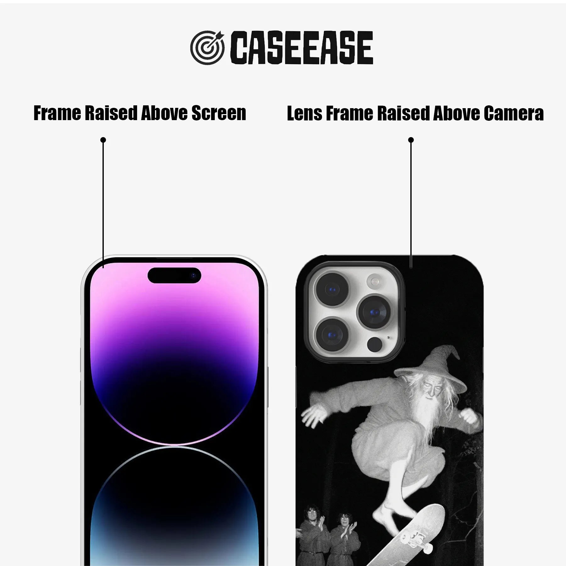 Black CASEEASE phone case shown front and back with raised screen and camera frames