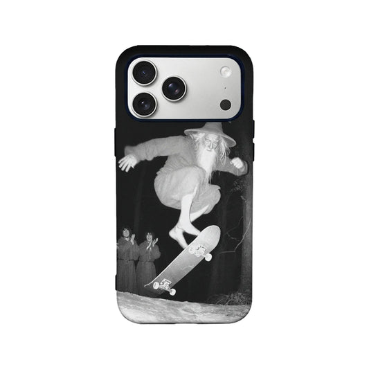 Black phone case with grayscale skateboarding wizard design, rear product view