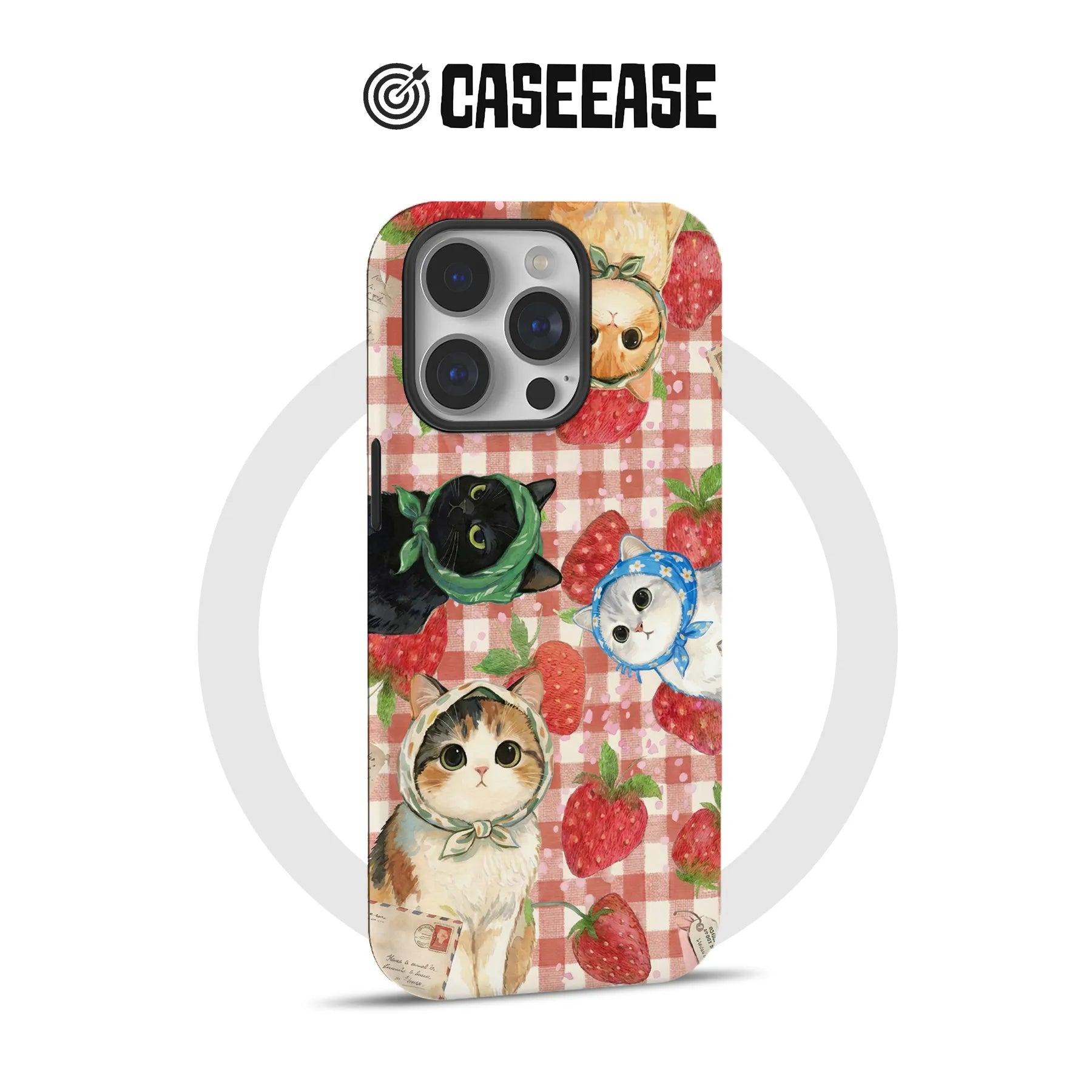 Bonita funda para teléfono con gato y fresa