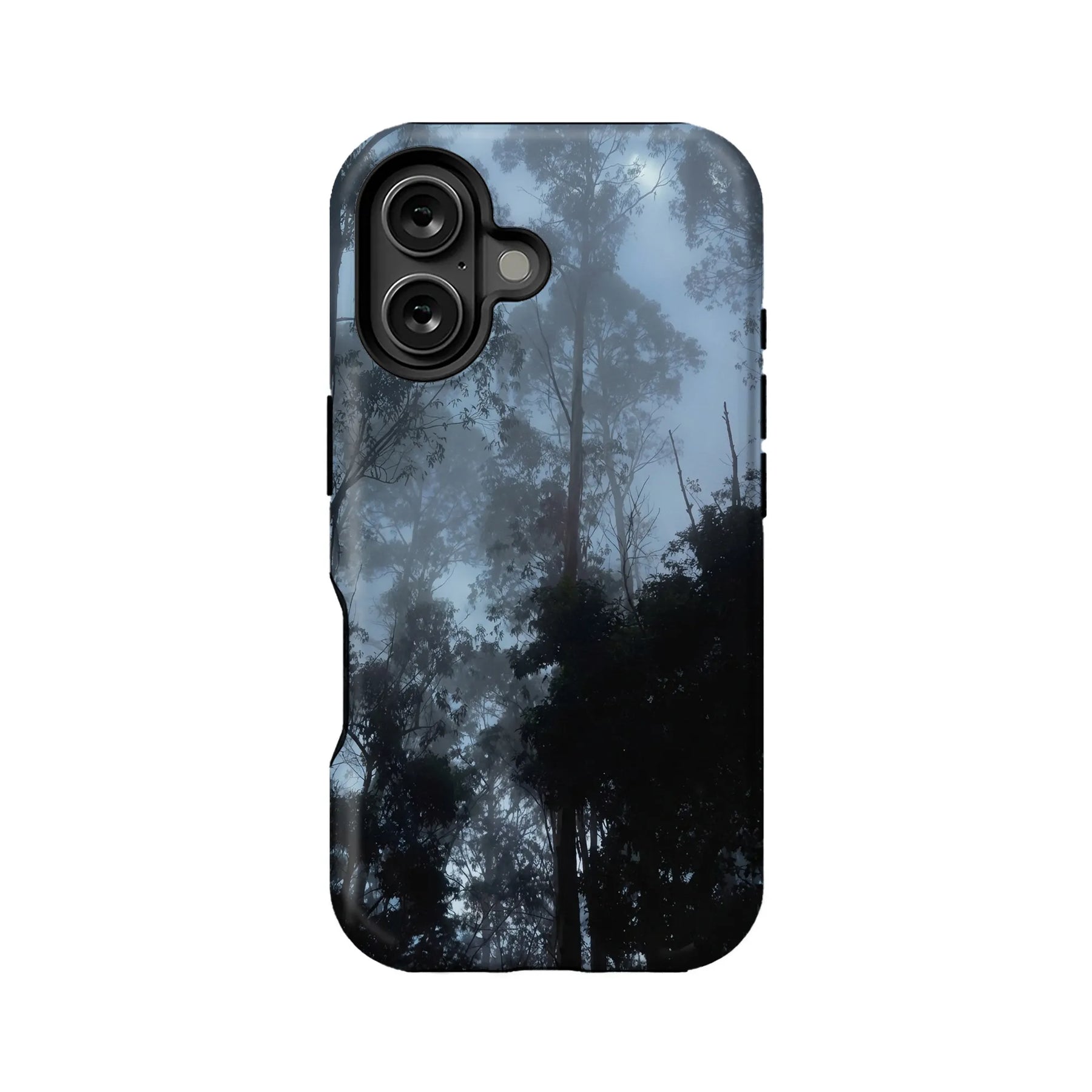 Blue black misty forest print phone case, rear angle with dual camera cutout