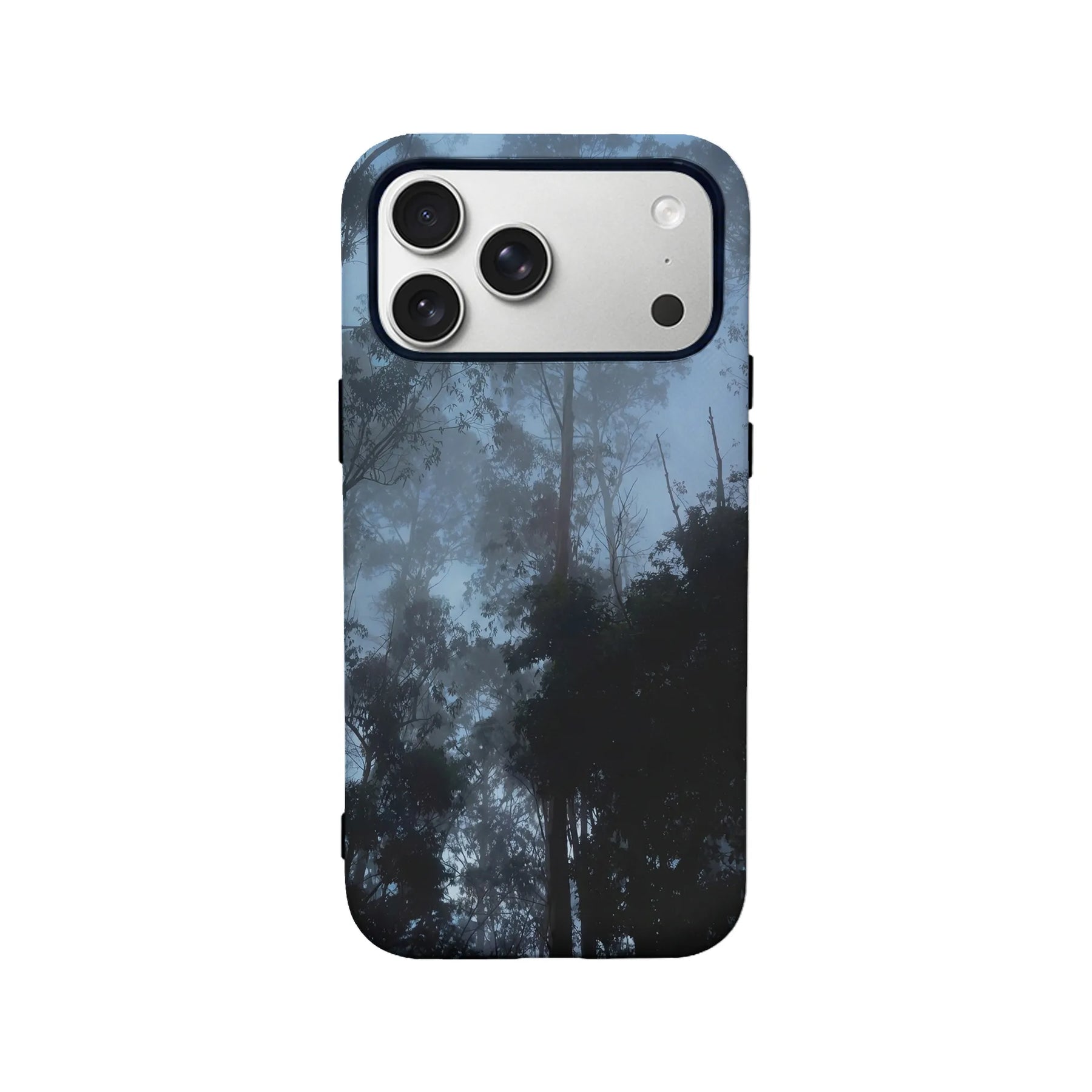 Blue black forest print phone case, rear angle with camera cutout for Shopify product