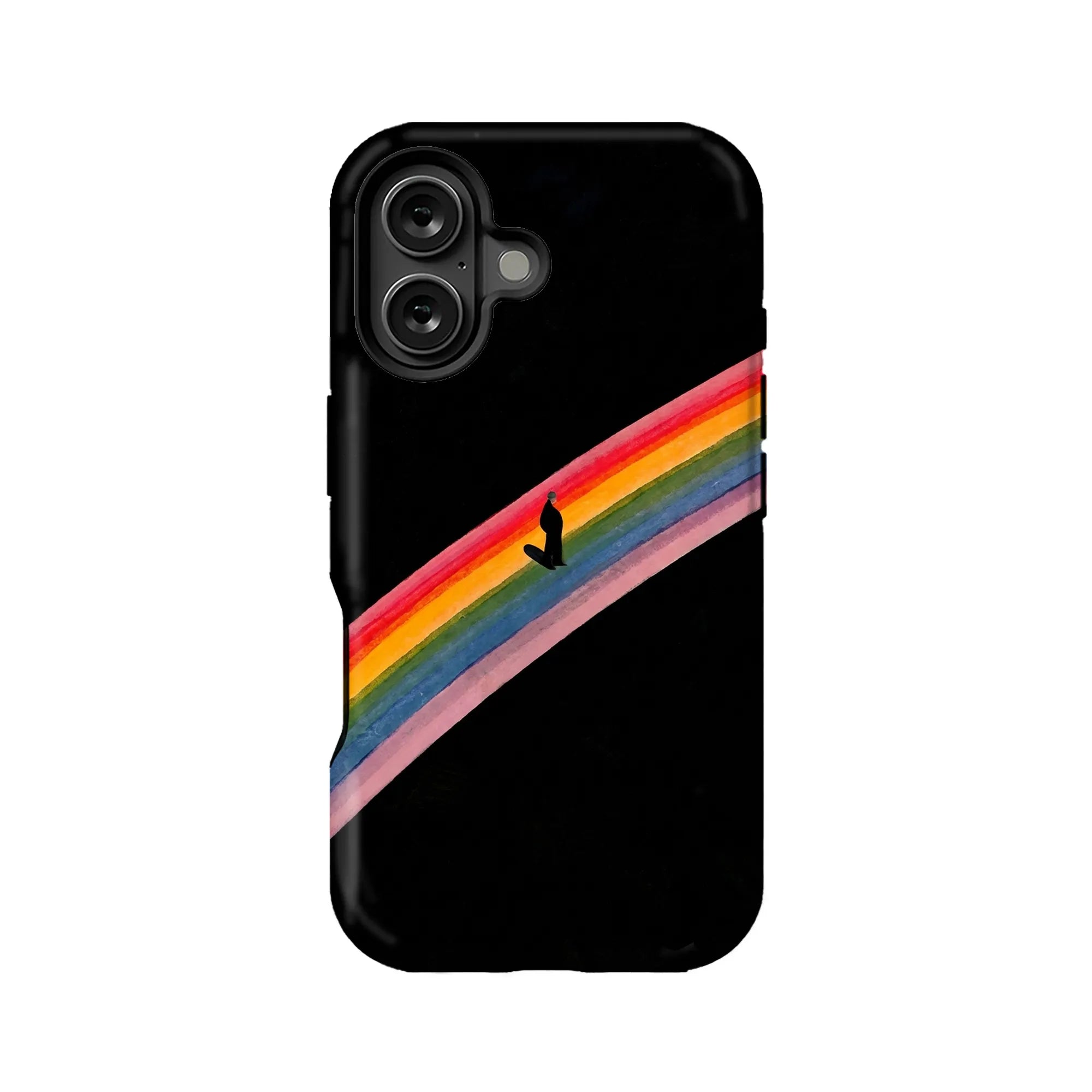 Black phone case with diagonal rainbow stripe design, rear product view