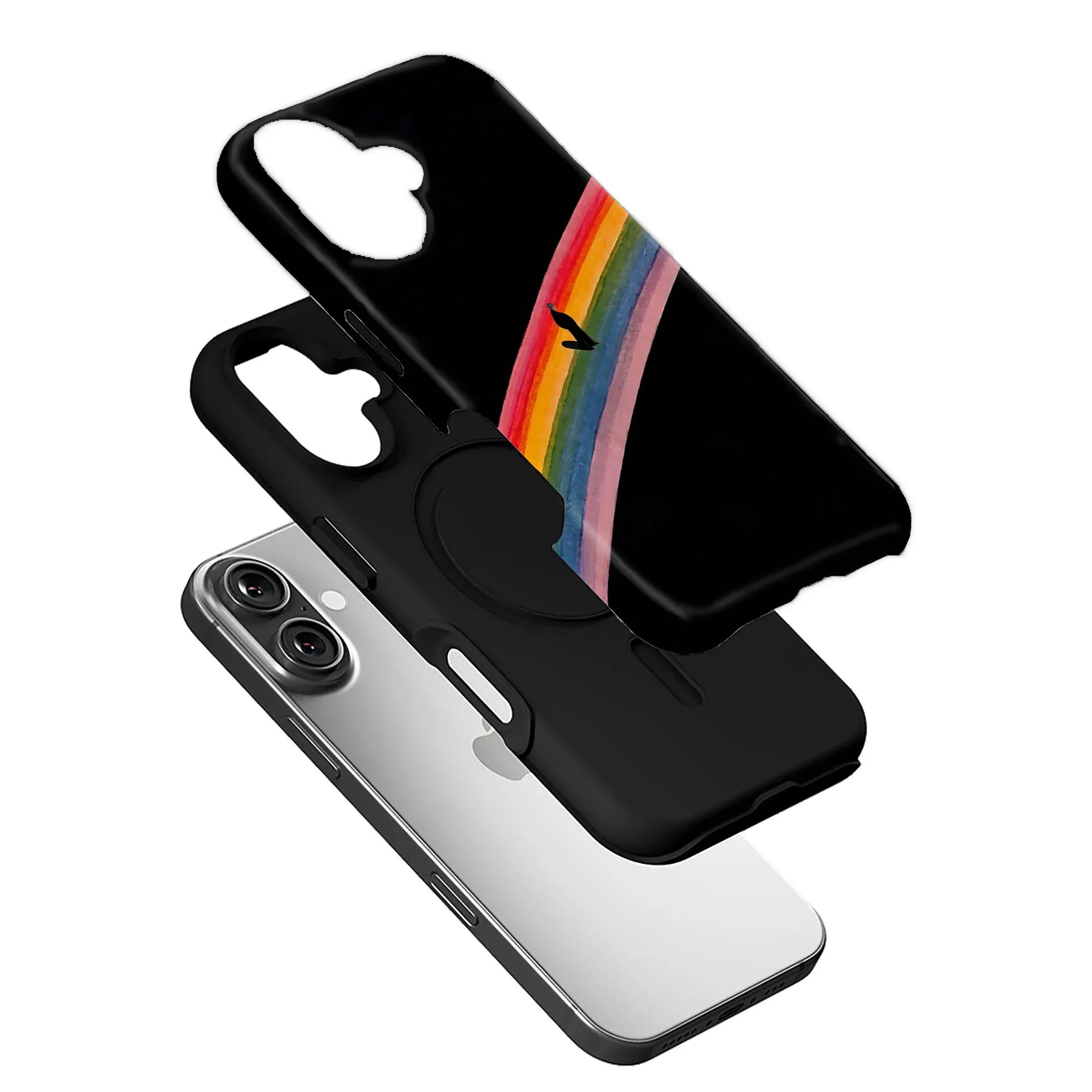 Black phone case with rainbow design shown angled above silver smartphone installation