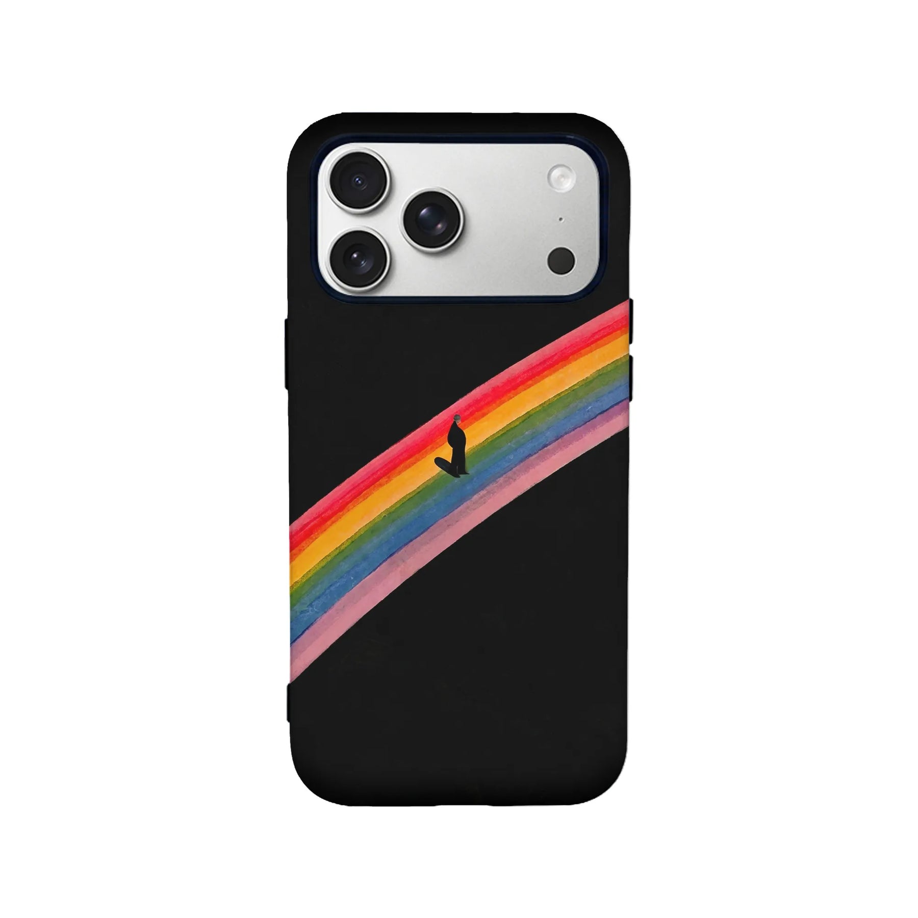 Black phone case with diagonal rainbow stripe, rear view on smartphone