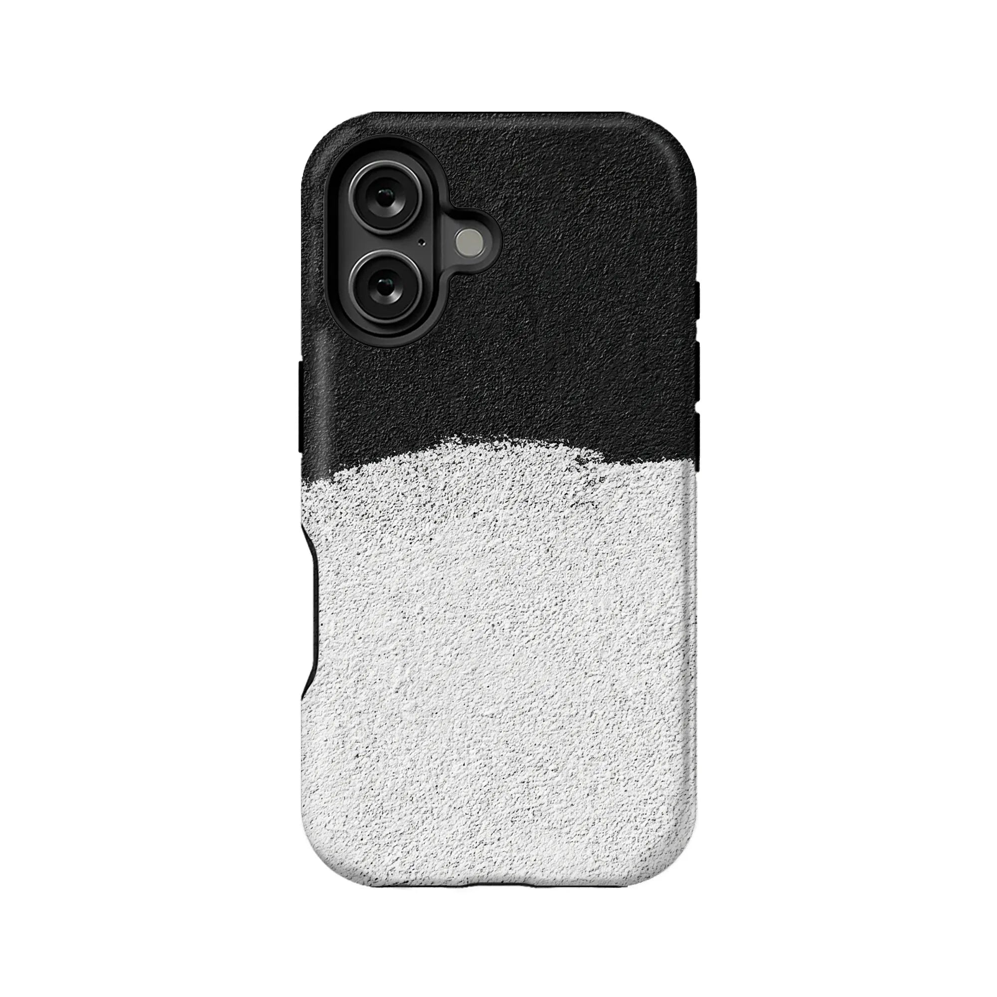 Black and white textured phone case, rear view with dual camera cutout