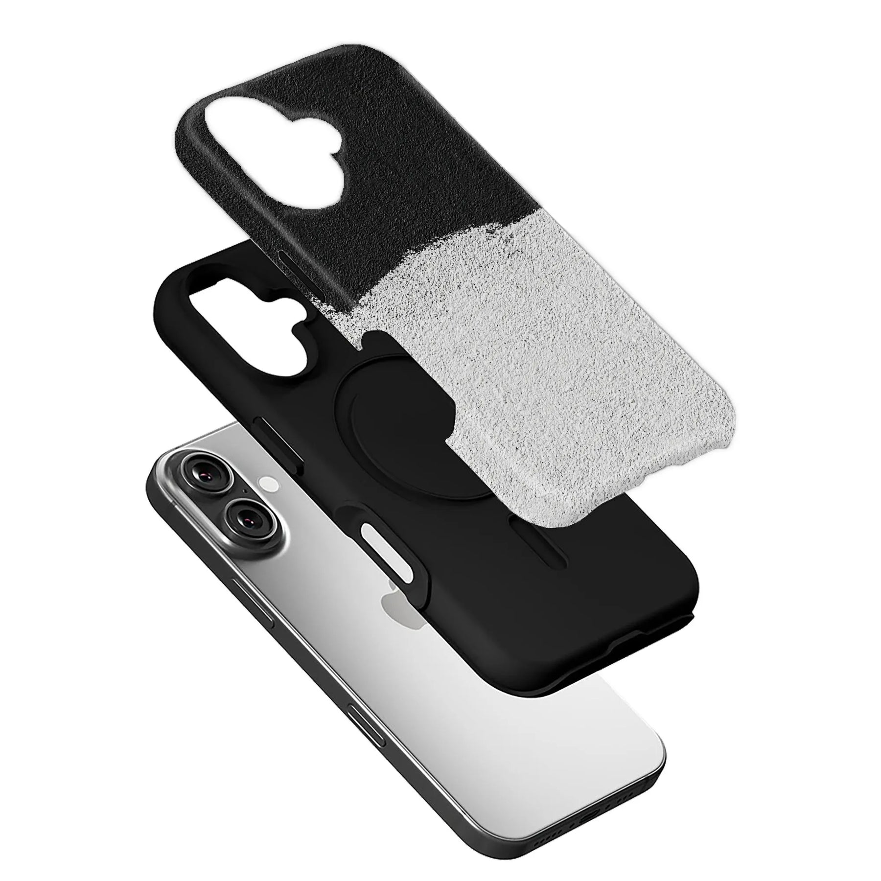 Black and white textured phone case shown exploded at an angle above smartphone