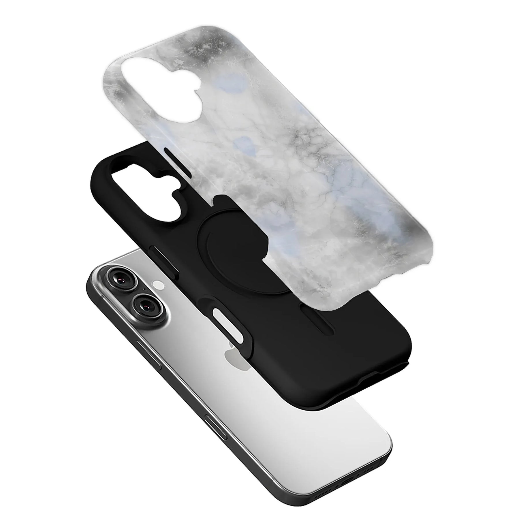 Gray marble-pattern phone case layers shown above black case and silver smartphone