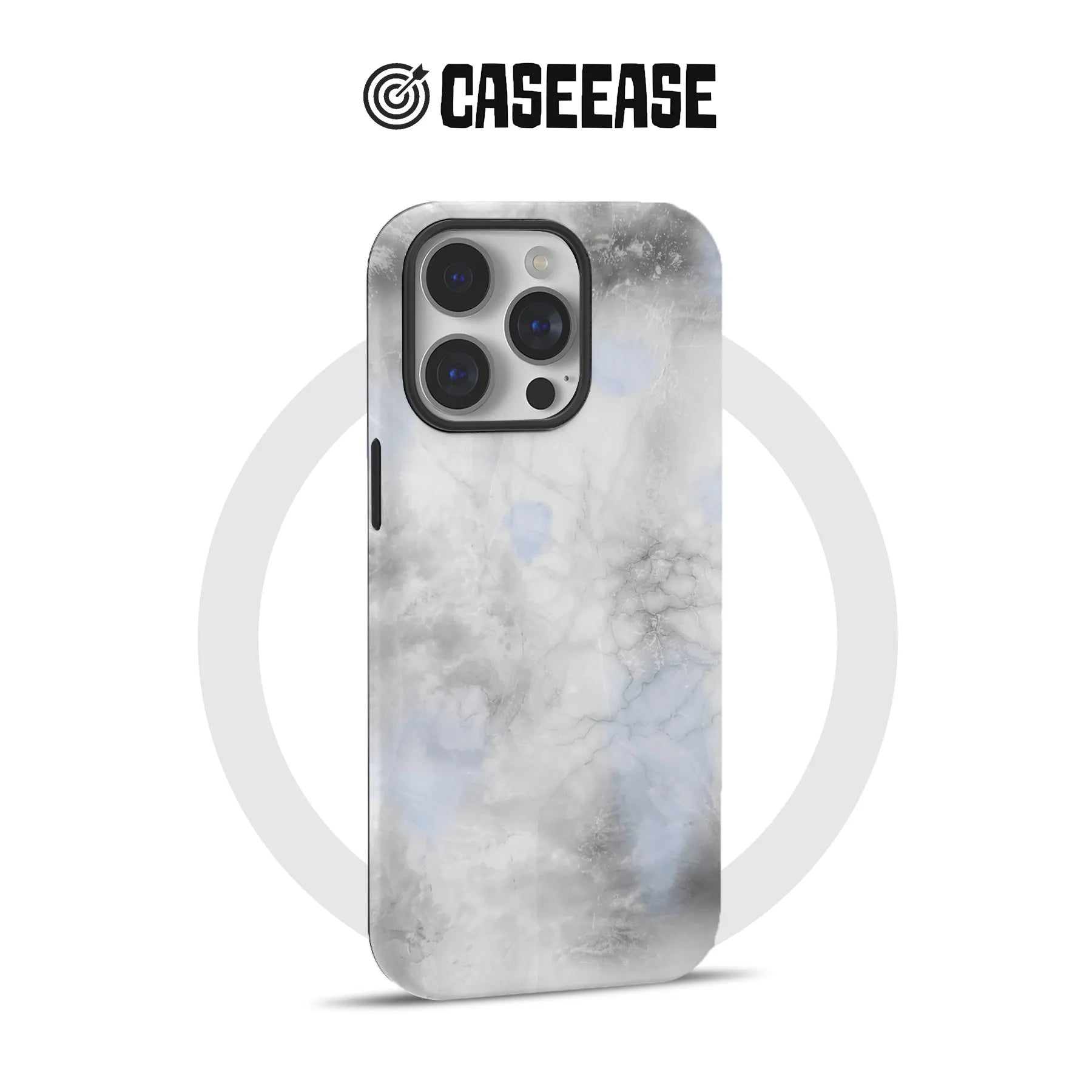 Gray marble-style CASEEASE phone case shown from rear for triple-camera iPhone
