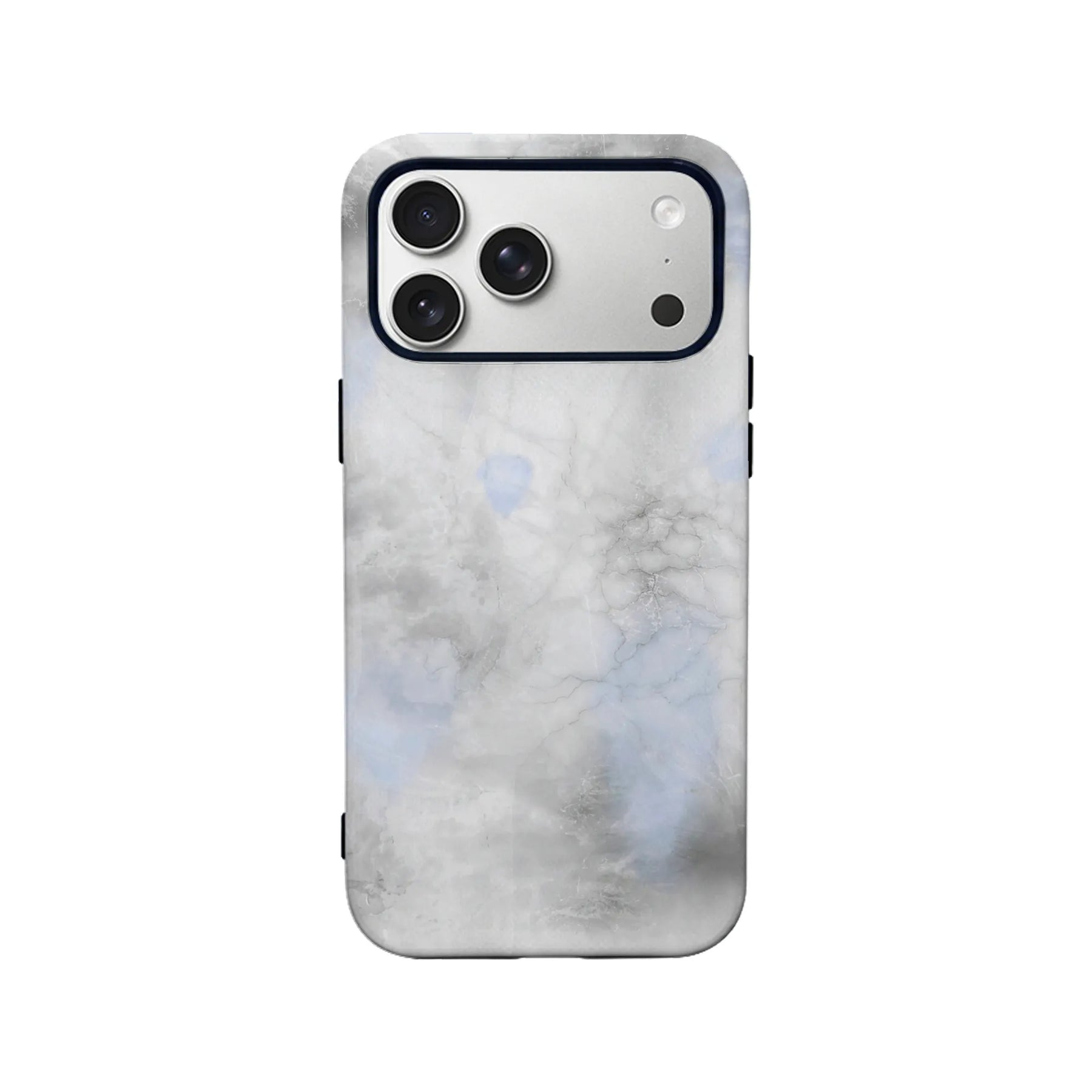 Gray marble-style plastic smartphone case from rear angle with black camera cutout