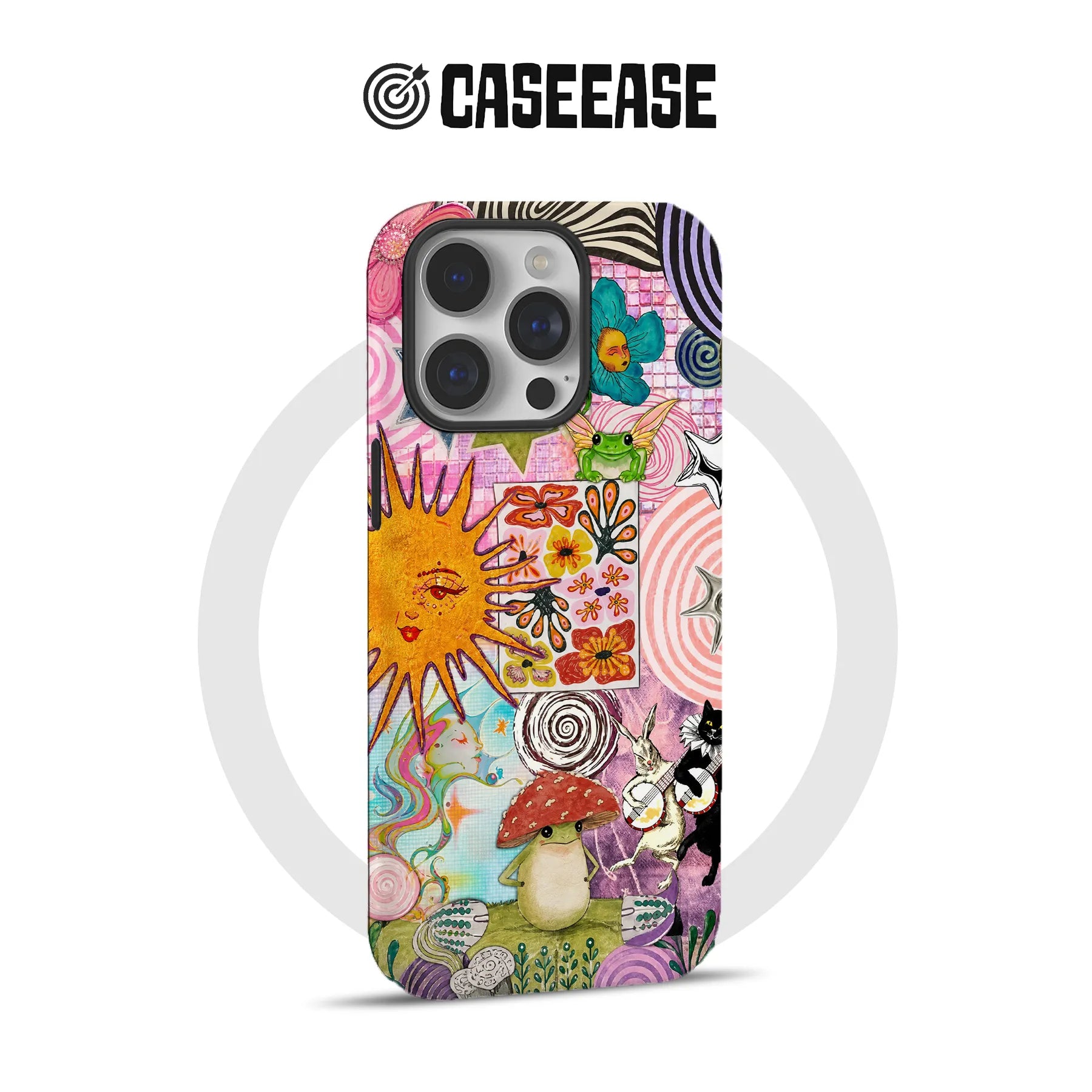 Colorful illustrated phone case with sun, flowers, animals, and triple-camera back view