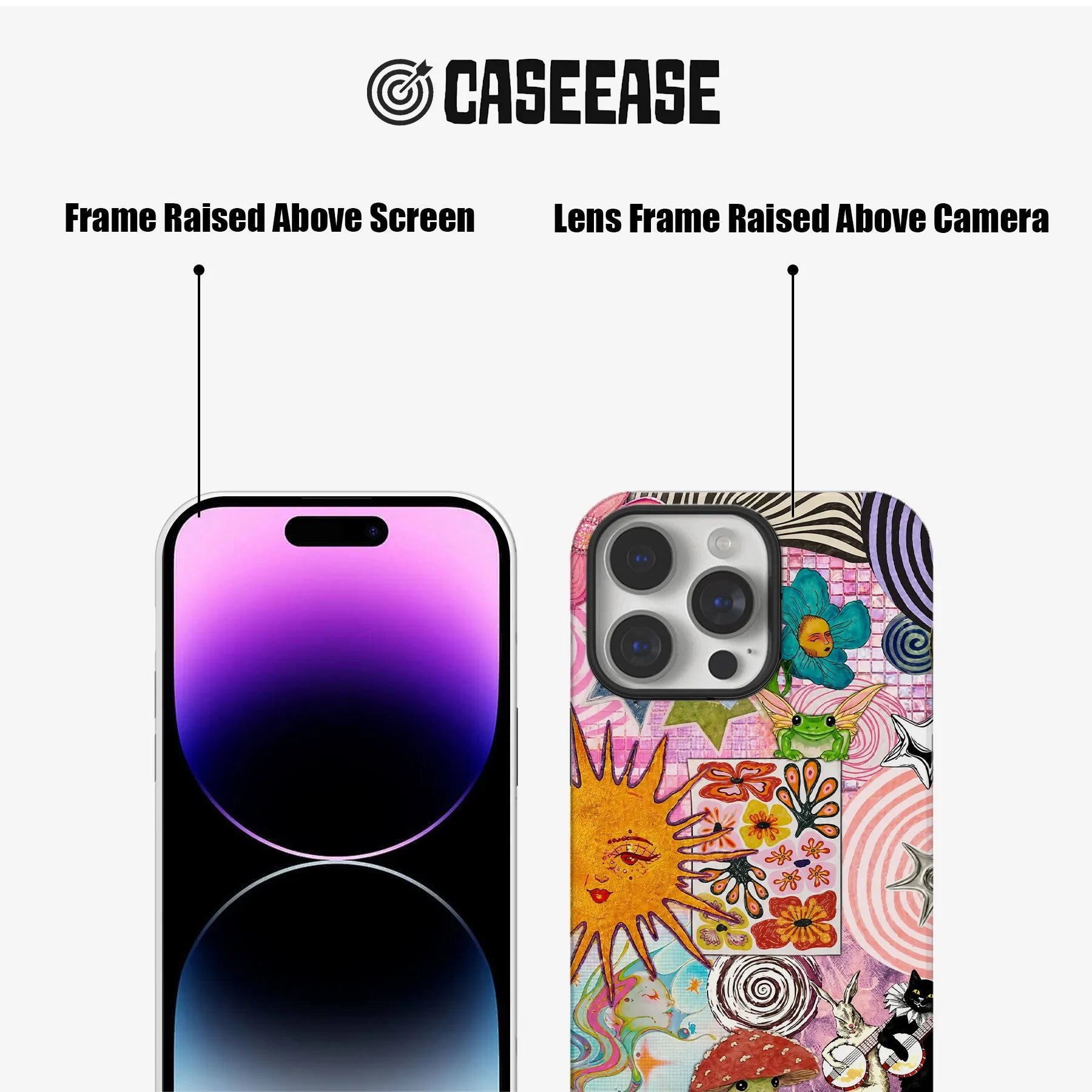 CASEEASE colorful patterned phone case front and rear close-up with raised screen and camera frames