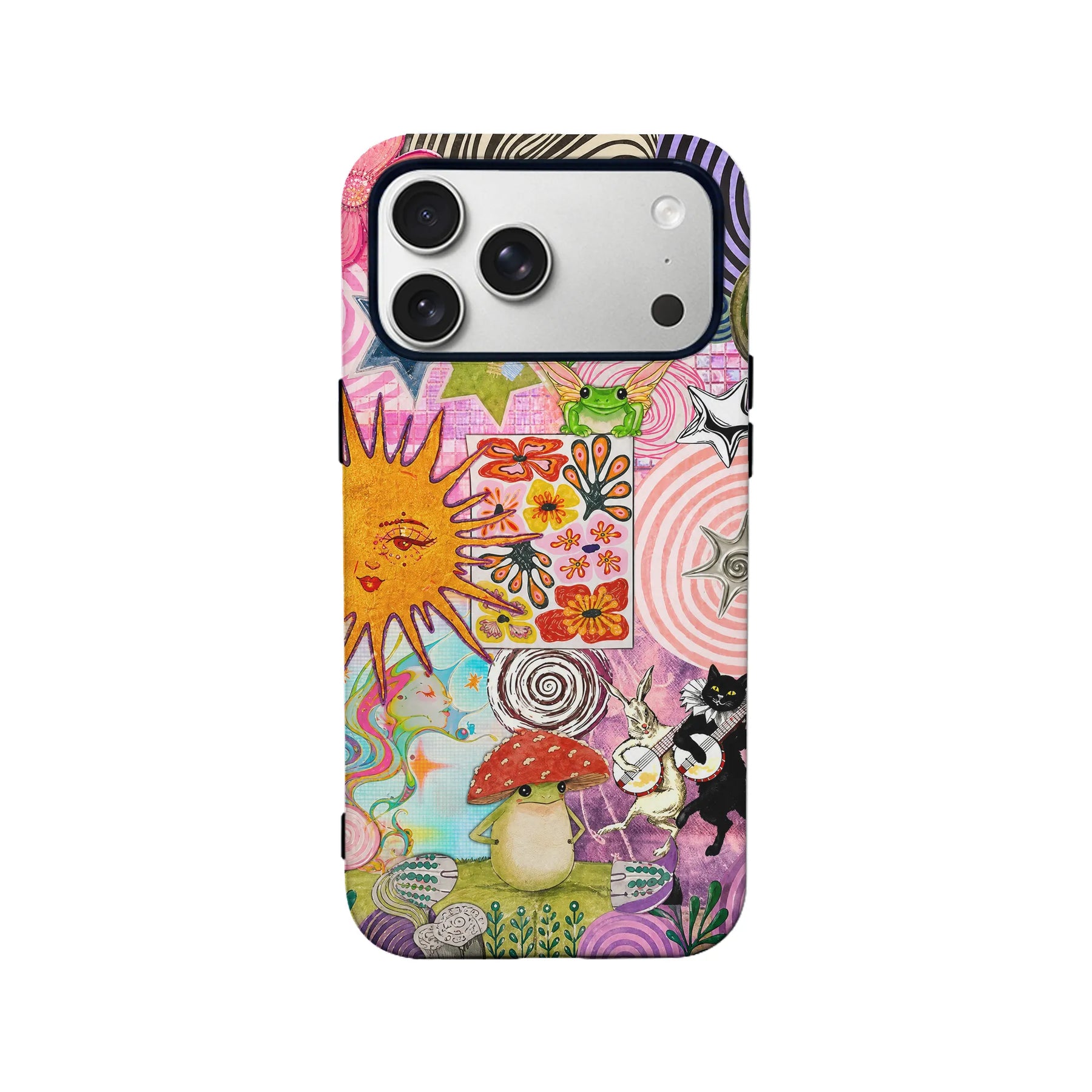 Colorful illustrated phone case with whimsical sun, frog, cat, and mushroom back view