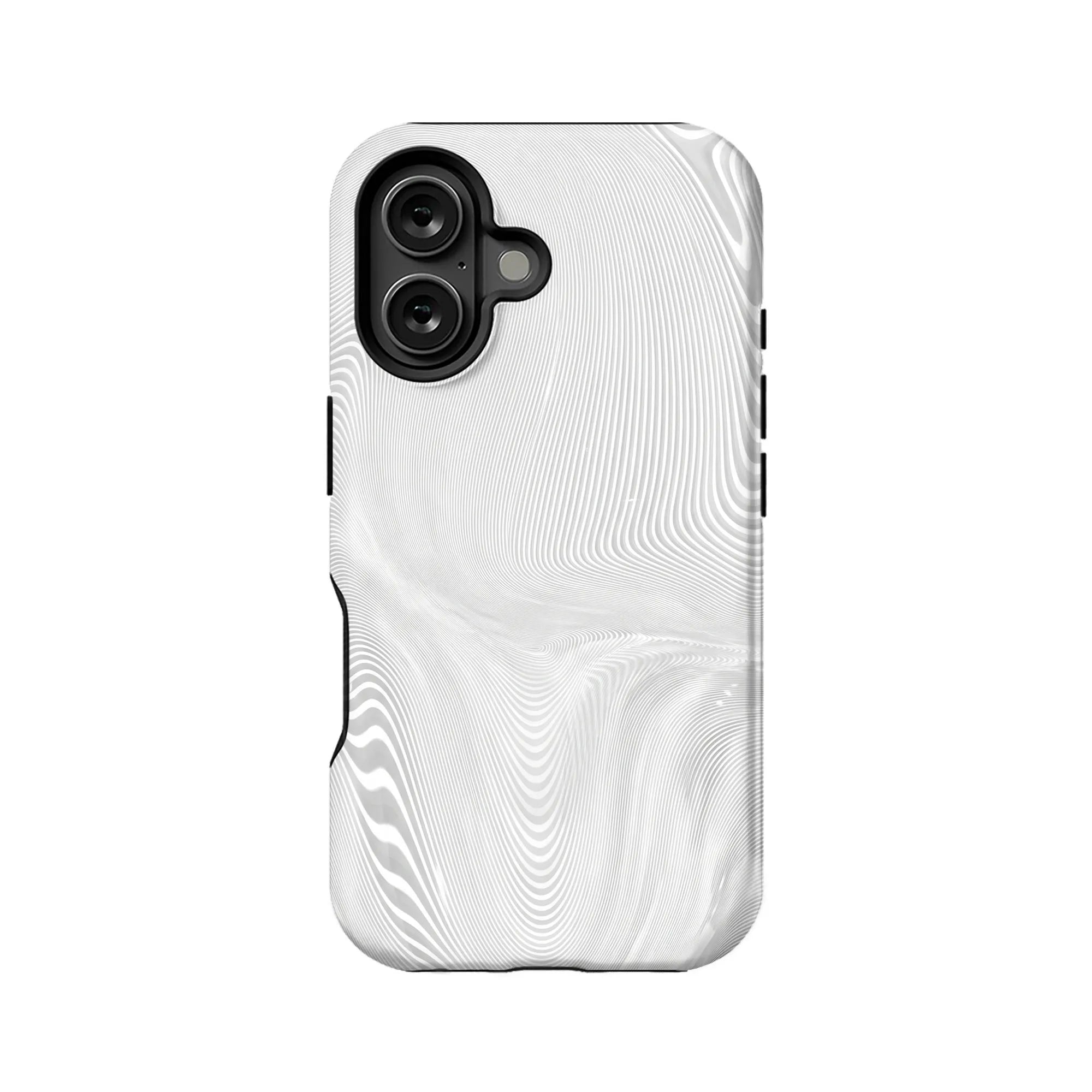 White wavy patterned plastic phone case, rear angle, with dual camera cutout