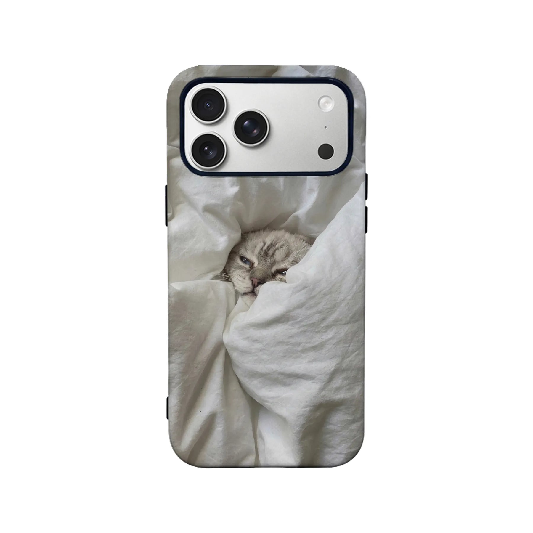 Gray cat in white blanket print phone case, rear view with camera cutout