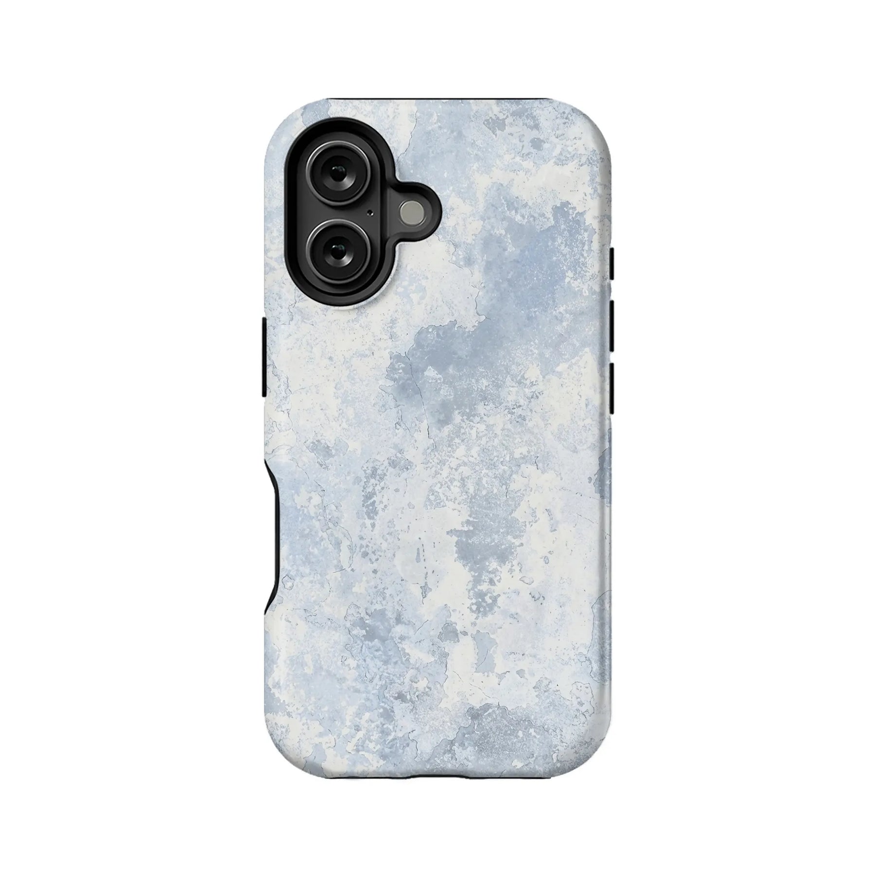 Light blue distressed stone pattern phone case, rear product angle with camera cutout