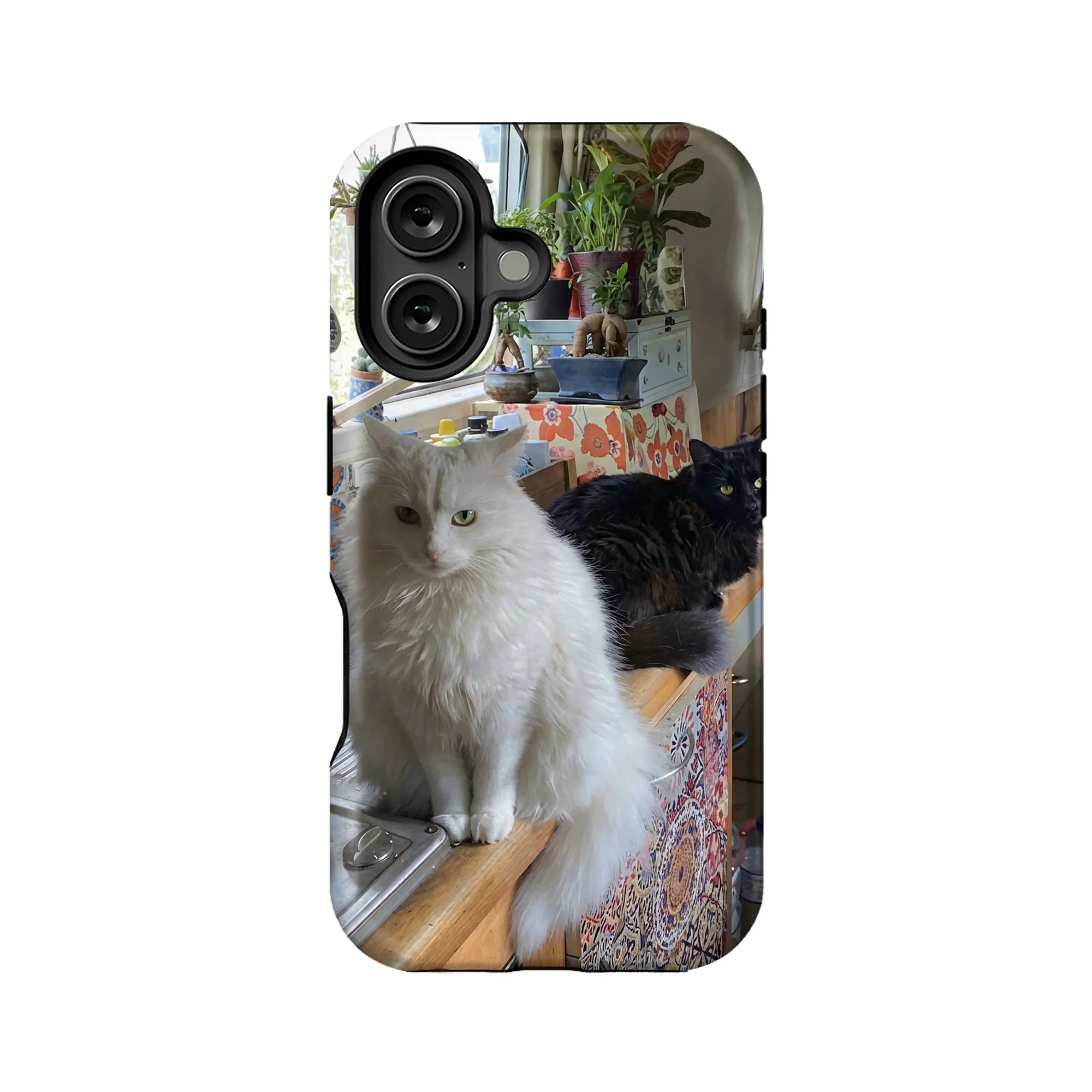 Glossy plastic phone case with white and black cats, full-back print, rear angle
