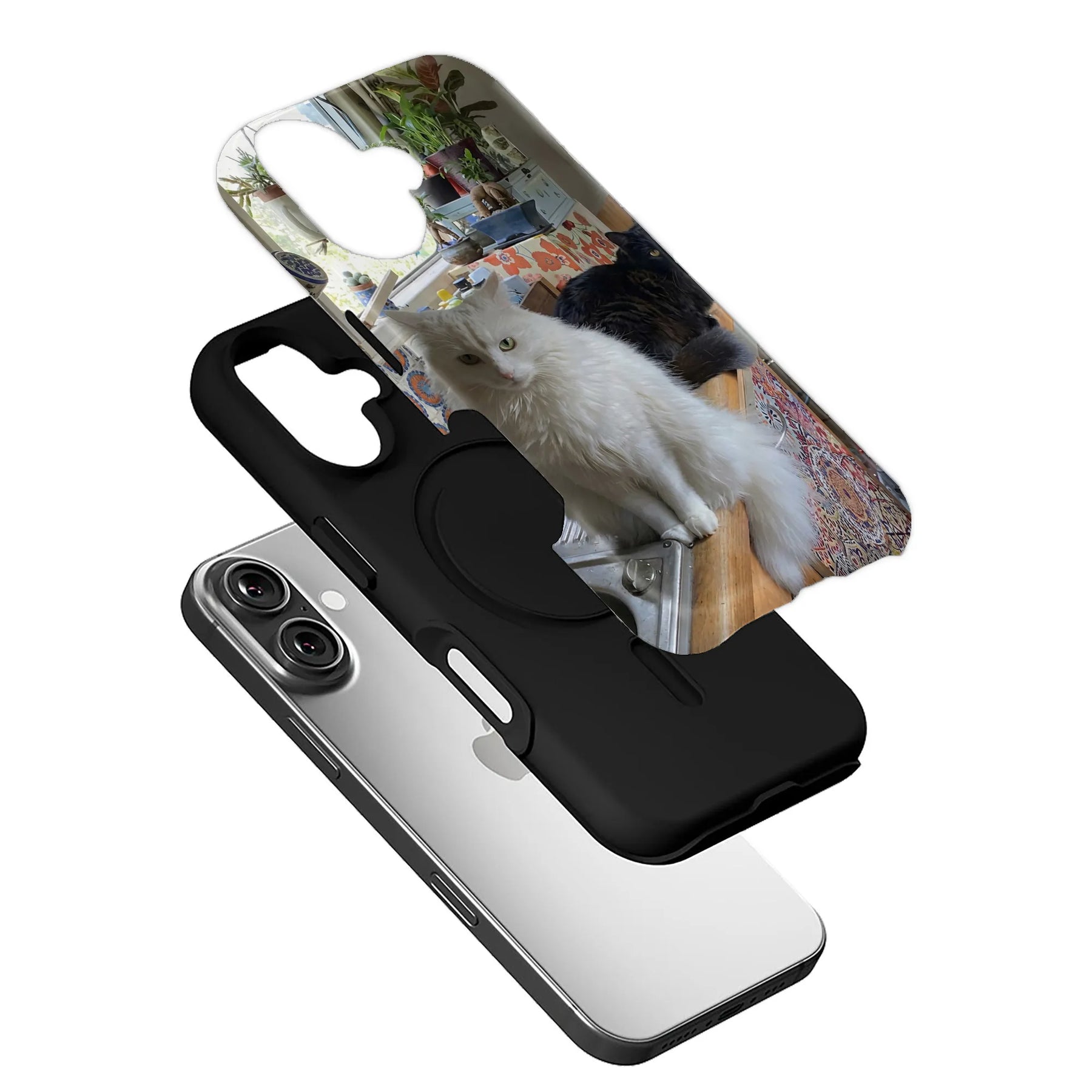 Black phone case with glossy cat print, angled above silver smartphone