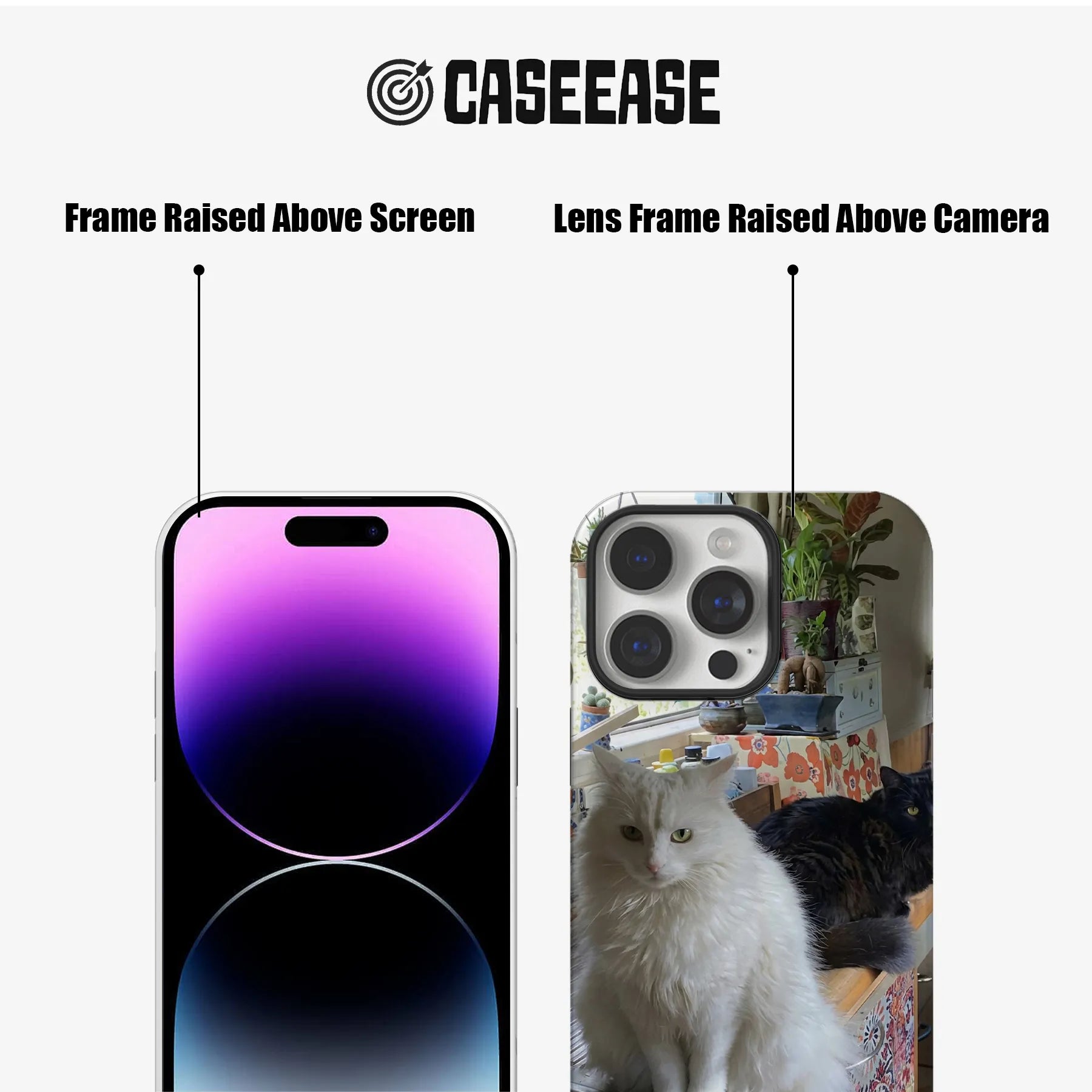 Black CASEEASE phone case front and rear close-up showing raised screen and camera frames