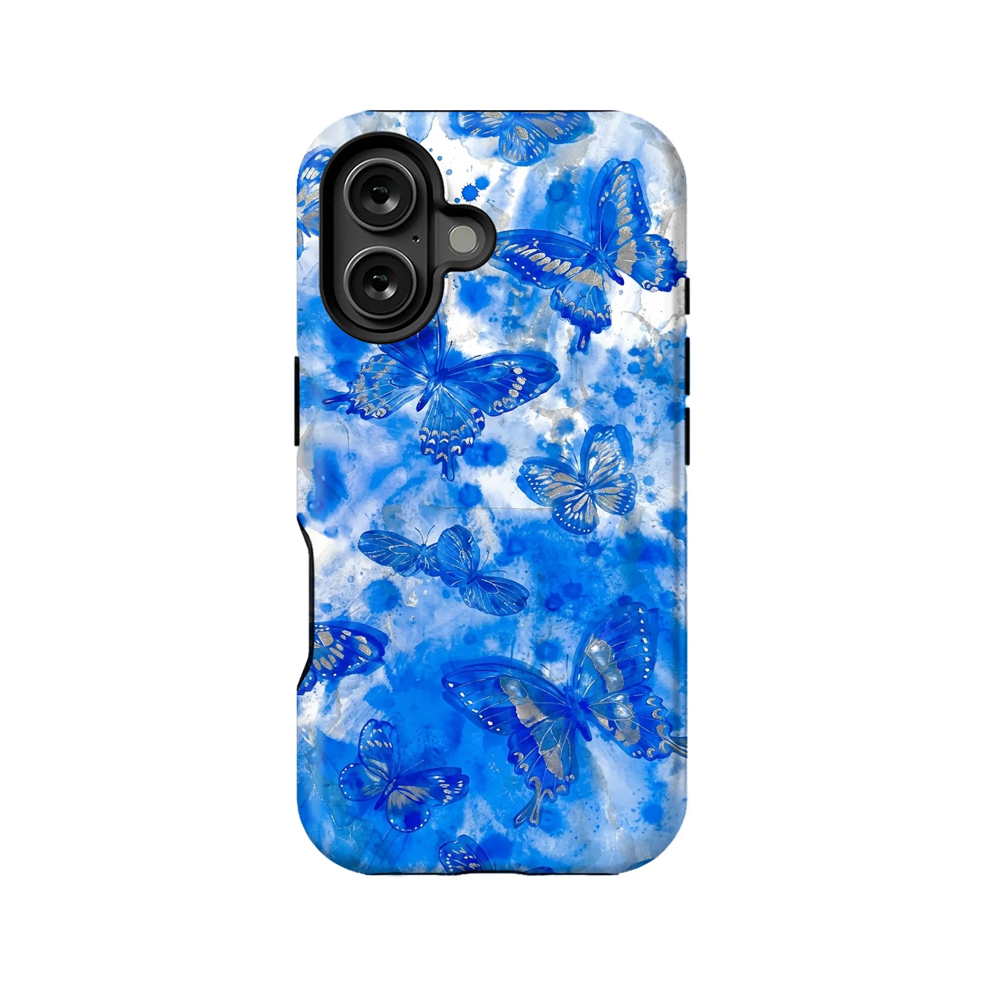Blue butterfly watercolor phone case shown from back with dual camera cutout