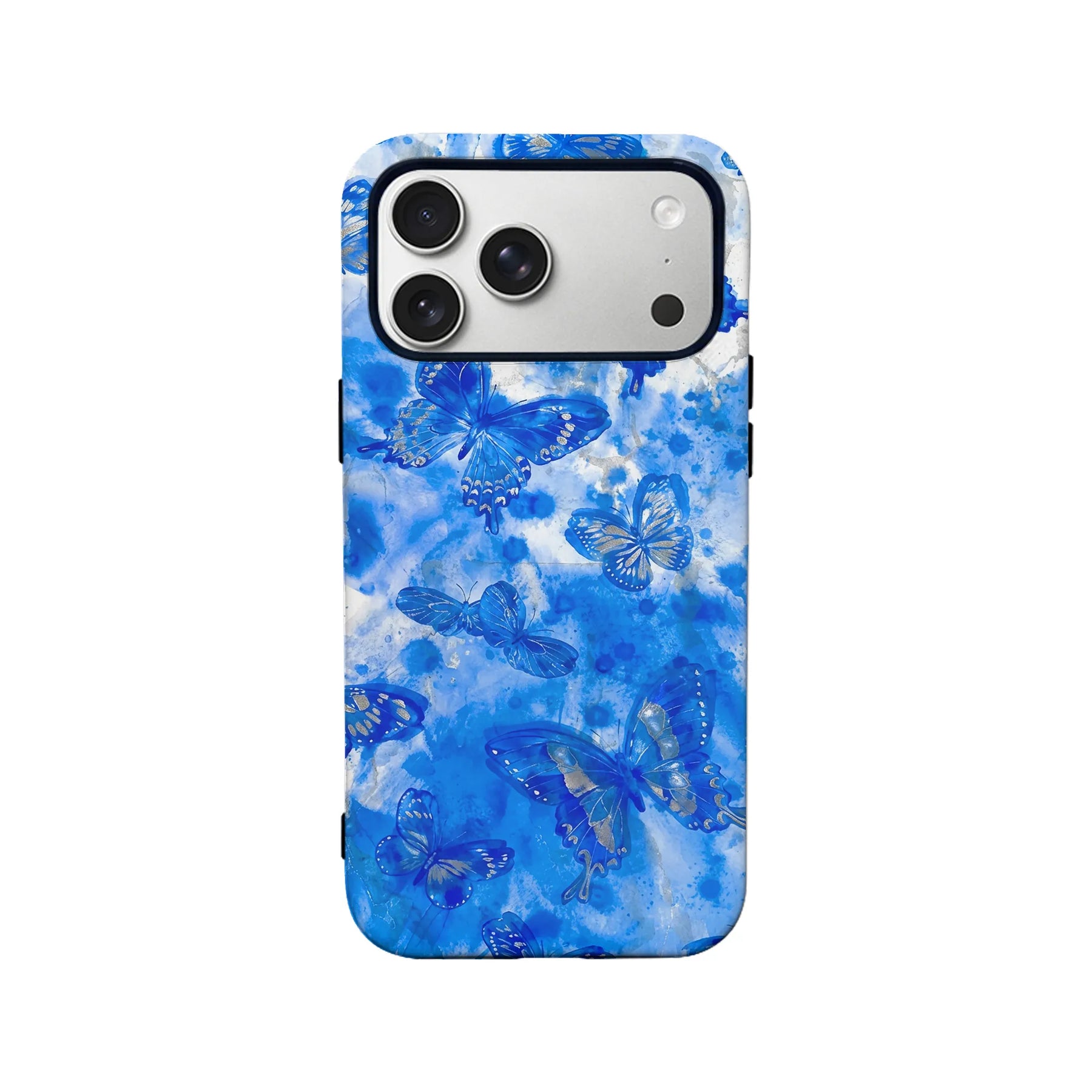 Blue watercolor butterfly phone case, rear angle with triple camera cutout