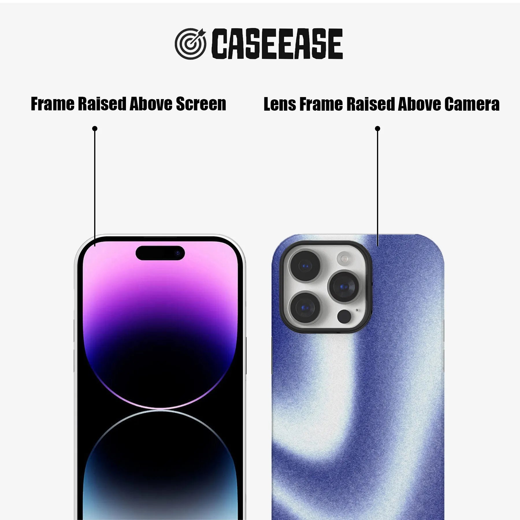 Blue abstract CASEEASE phone case front and rear close-up showing raised screen and camera frames