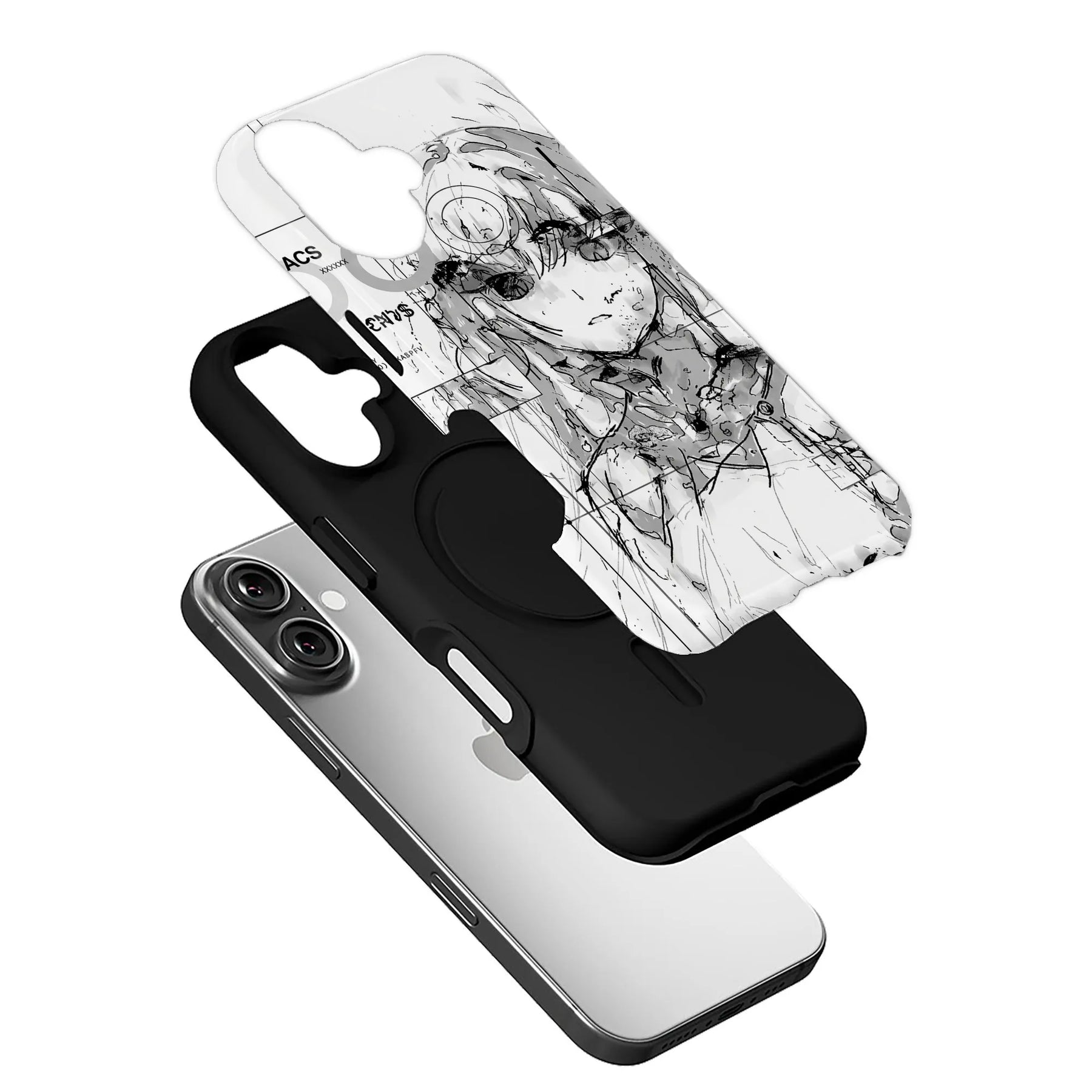 Black phone case with white anime sketch design, exploded angle over silver smartphone