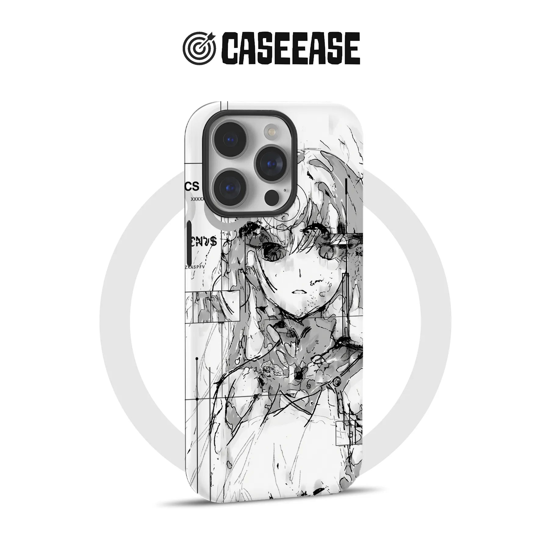 White CASEEASE phone case with black anime sketch design, rear angled product view