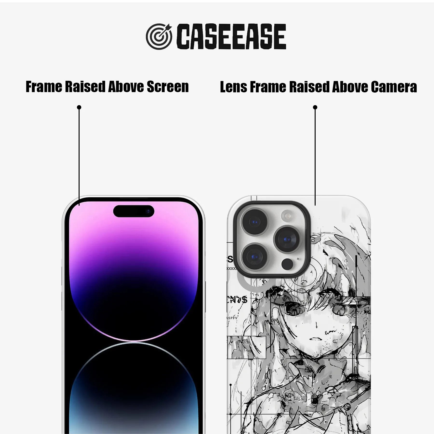 Clear black anime sketch phone case front and back angles showing raised bezels